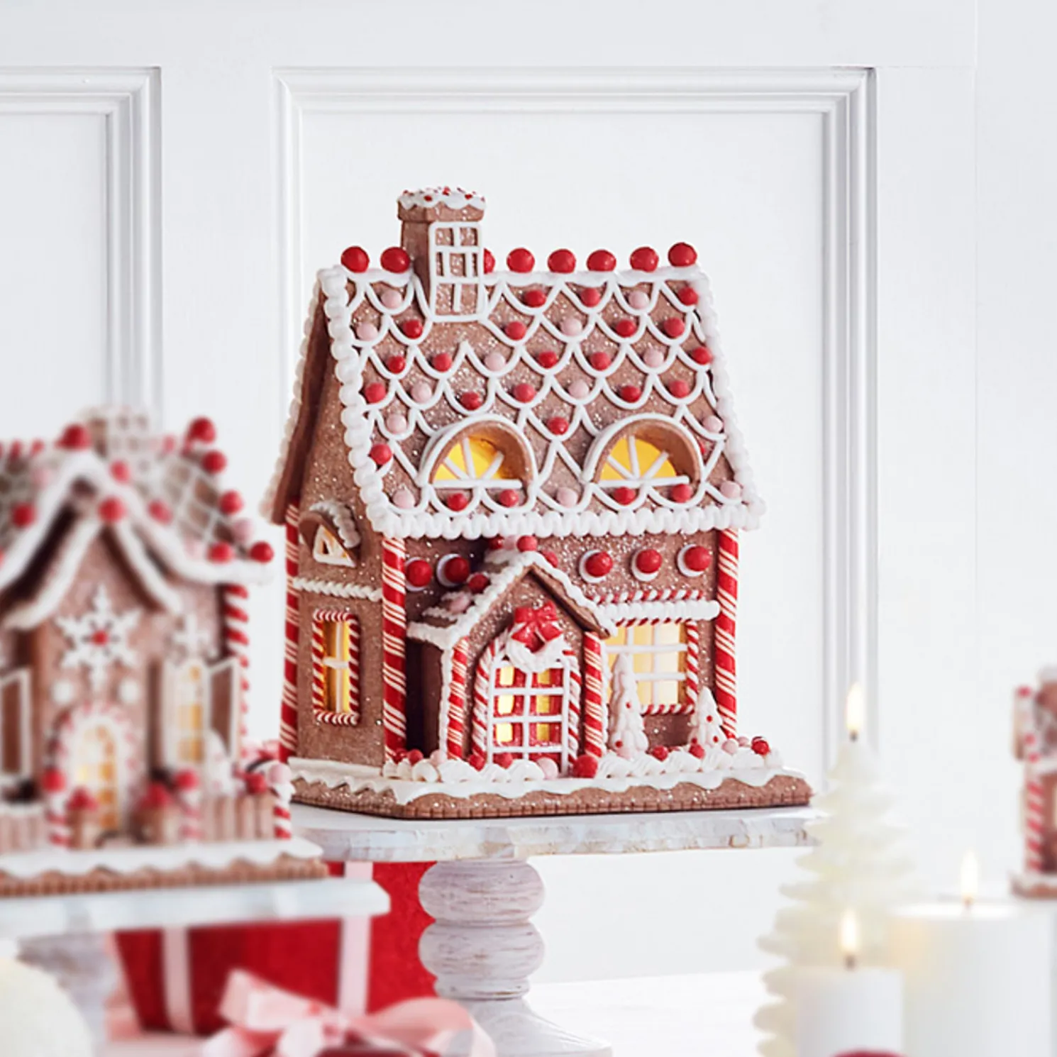 Raz 12" Lighted Realistic Pink and Red Christmas Gingerbread House 4316086