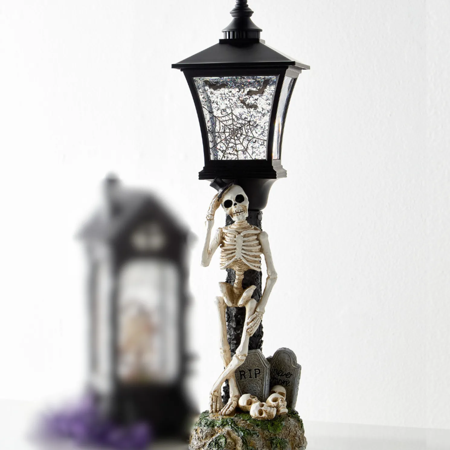Raz 19" Lighted Swirling Glitter and Bats Skeleton Water Globe Lamp Post Halloween Decoration 4519263