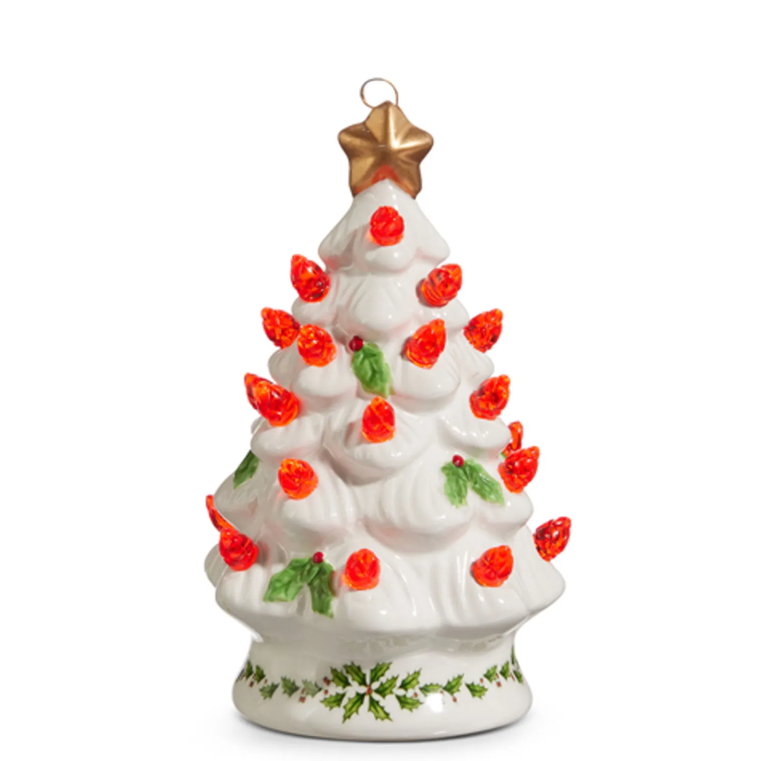Raz 5" Lighted Vintage White Ceramic Tree with Holly and Red Bulbs Christmas Ornament 4419109