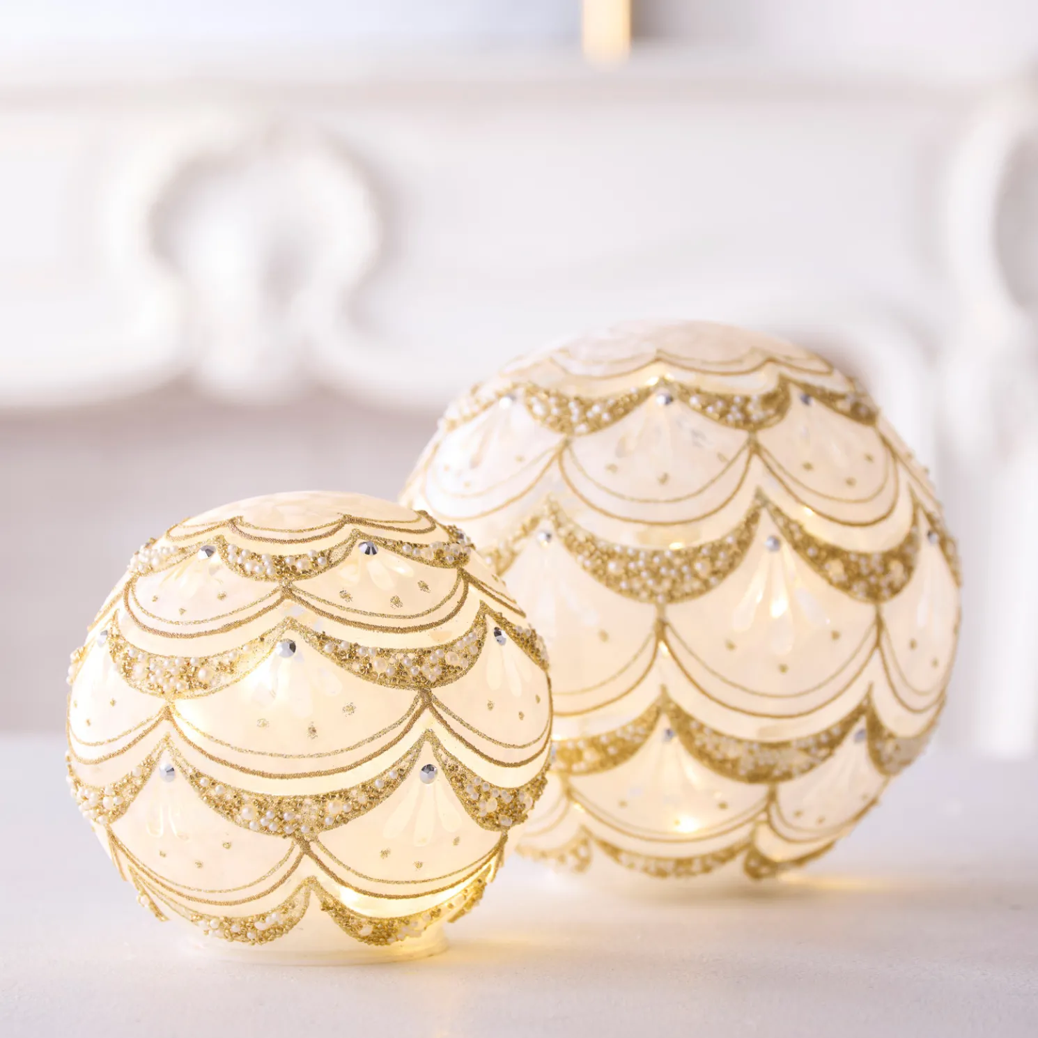 Raz 8" Lighted White and Gold Pearls Glass Orbs Christmas Decoration 4533309