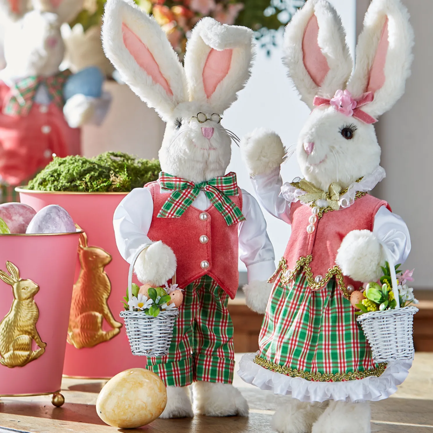 Raz 17" Mr. and Mrs. Plaid Bunny Figures Easter Decoration Set of 2