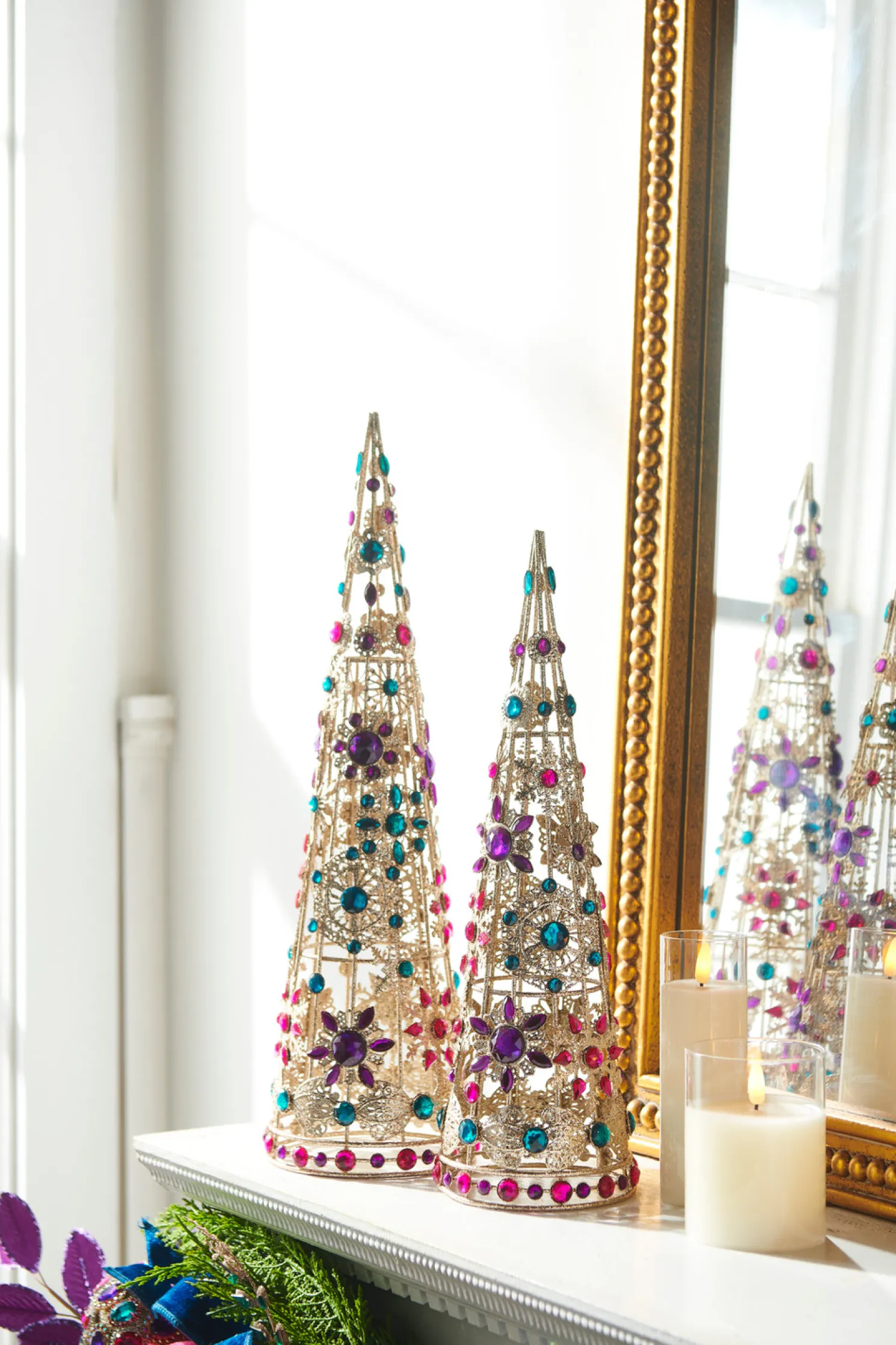Raz 18" Multicolor Jeweled Brooch Cone Christmas Trees Set of 2 4513511