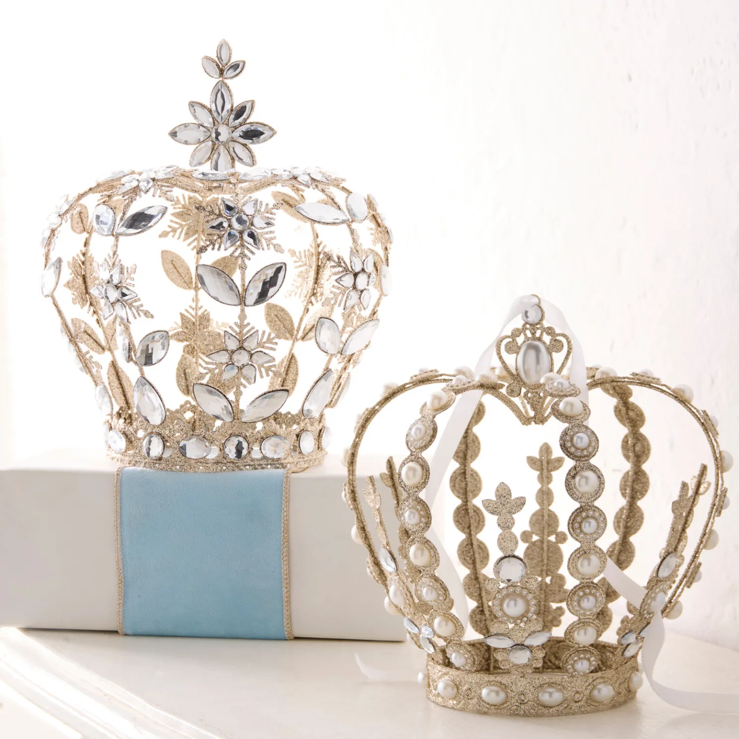 Raz 8" or 9.5" Champagne Glitter Jeweled Crown Christmas Decoration