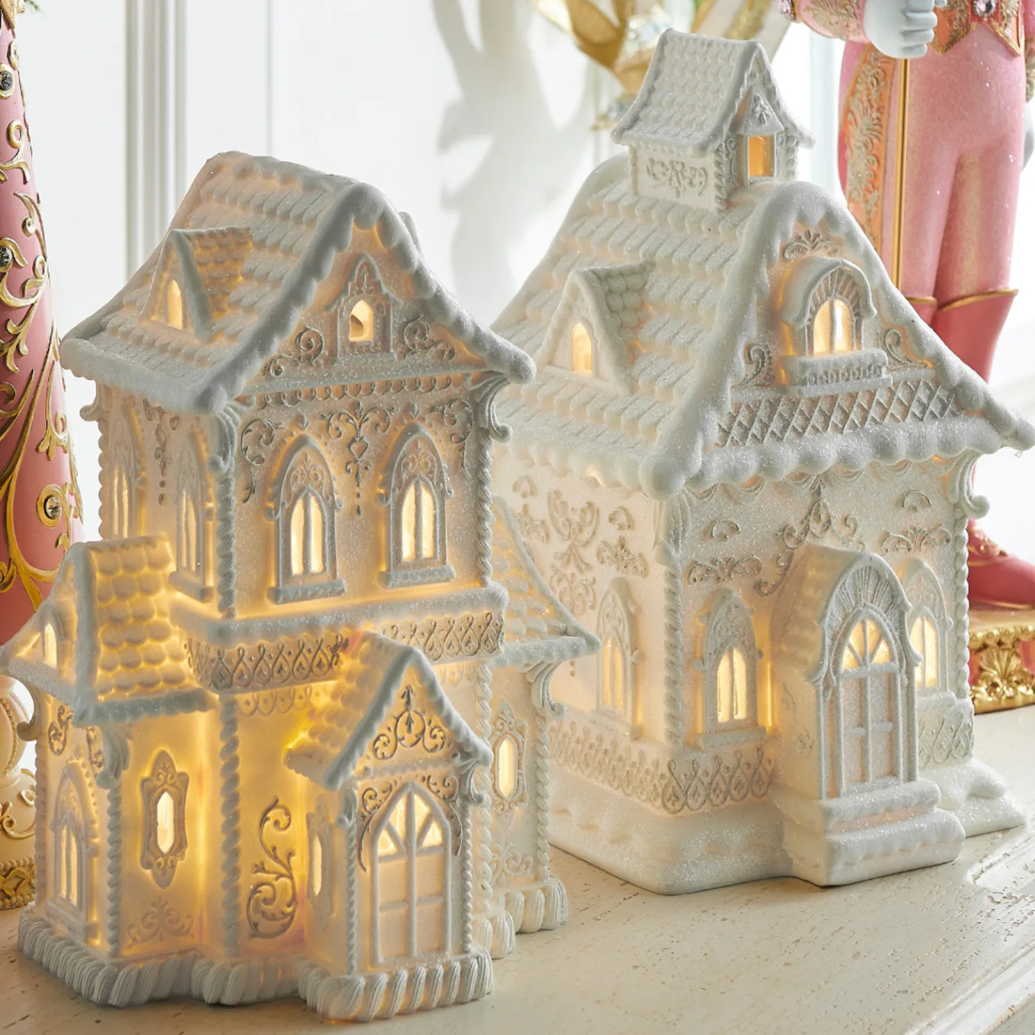 Raz 12" or 13.5" LED Lighted White House with Pearls Gingerbread Houses