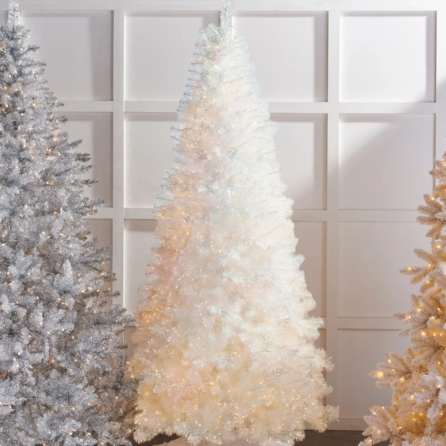 Raz 7.5' or 9' O Tannenbaum Crystal Iridescent White Pine Christmas Tree with Cluster LED Lights