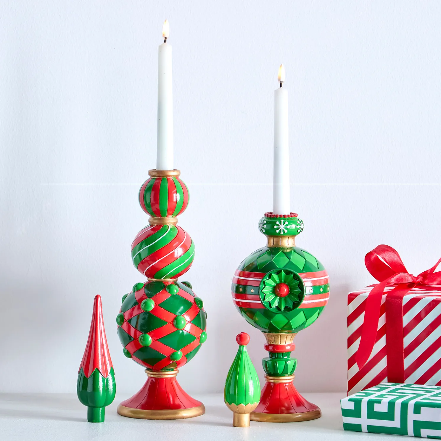 Raz 15" or 14.5" Red and Green Finial Candle Holder Christmas Decoration