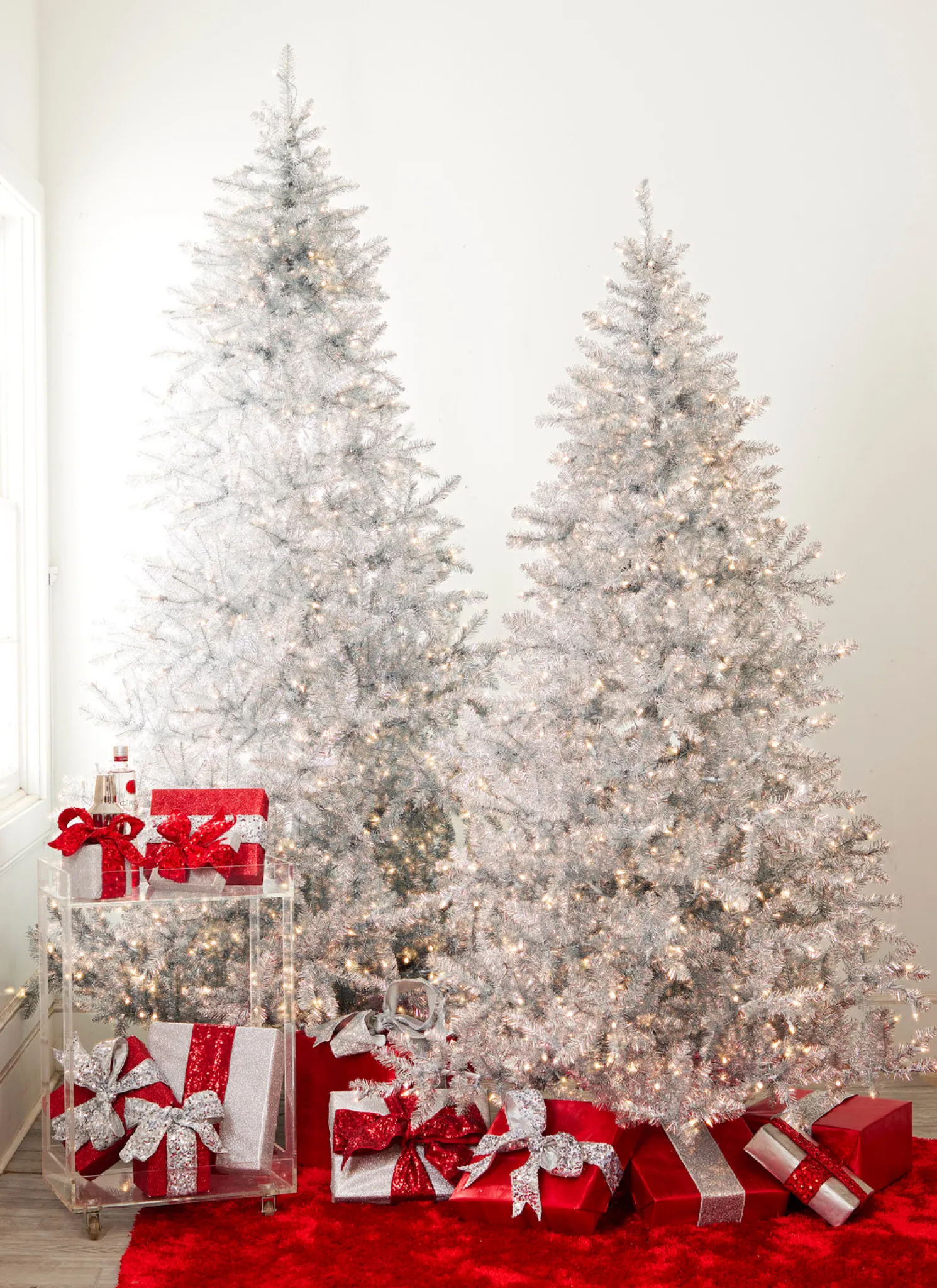 Raz 7.5' or 9' Silver Tinsel Christmas Tree with Forever Lit Clear Lights