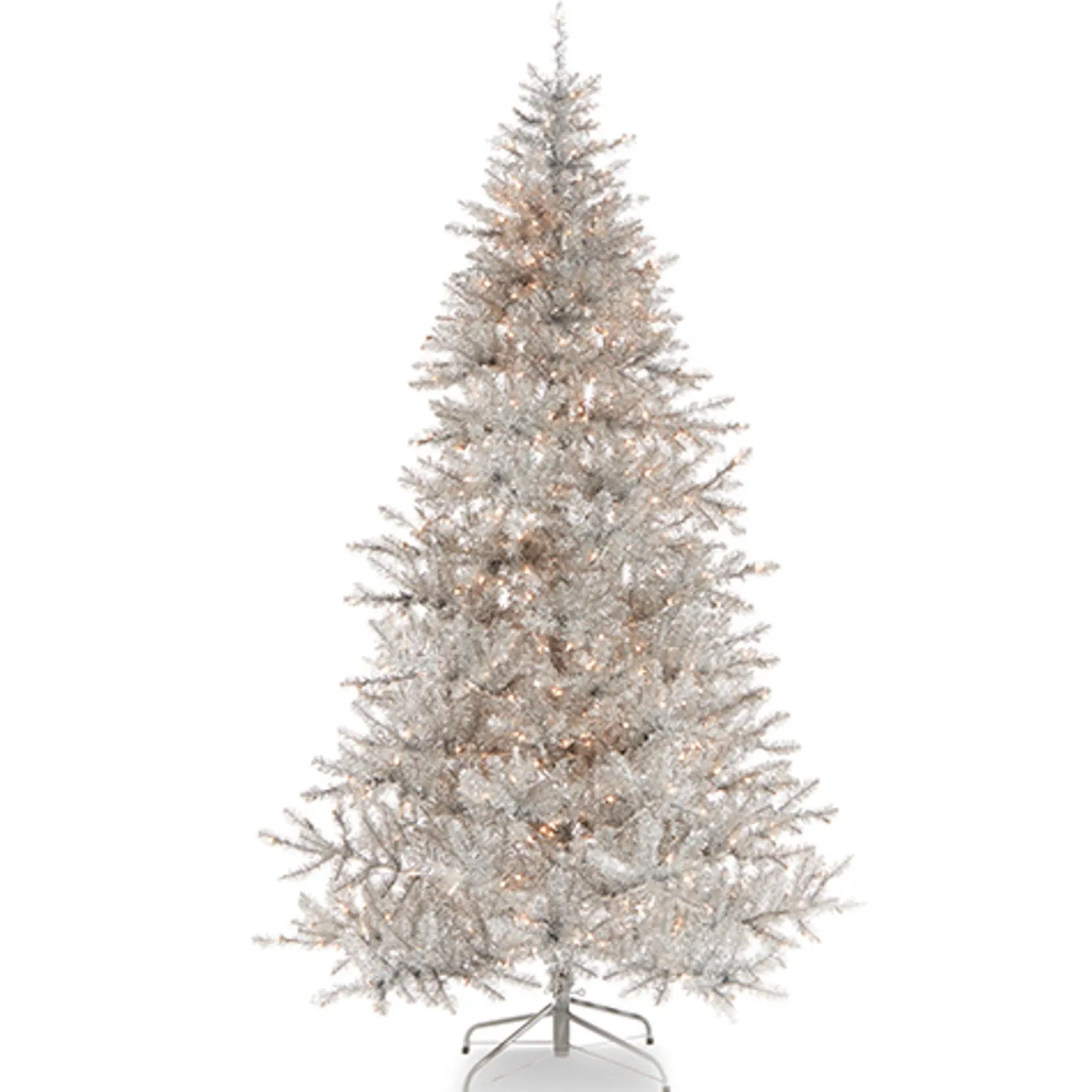 Raz 7.5' or 9' Silver Tinsel Christmas Tree with Forever Lit Clear Lights