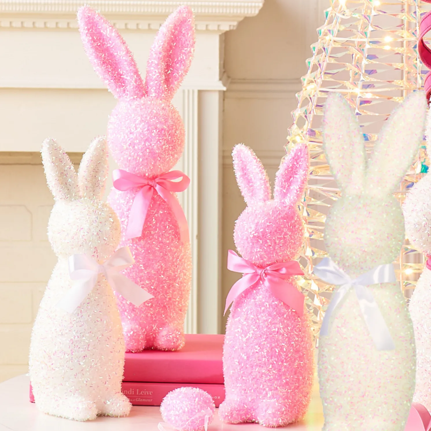 Raz 12" or 16" White or Pink Iridescent Flocked Easter Bunny Figures