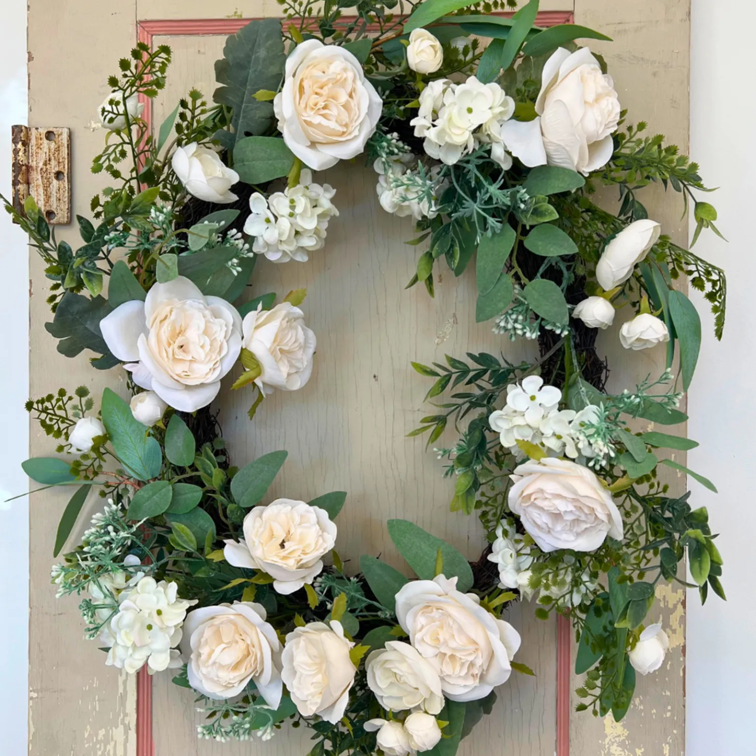 Raz 26" Oval White Rose and Hydrangea Spring Wreath W4202083