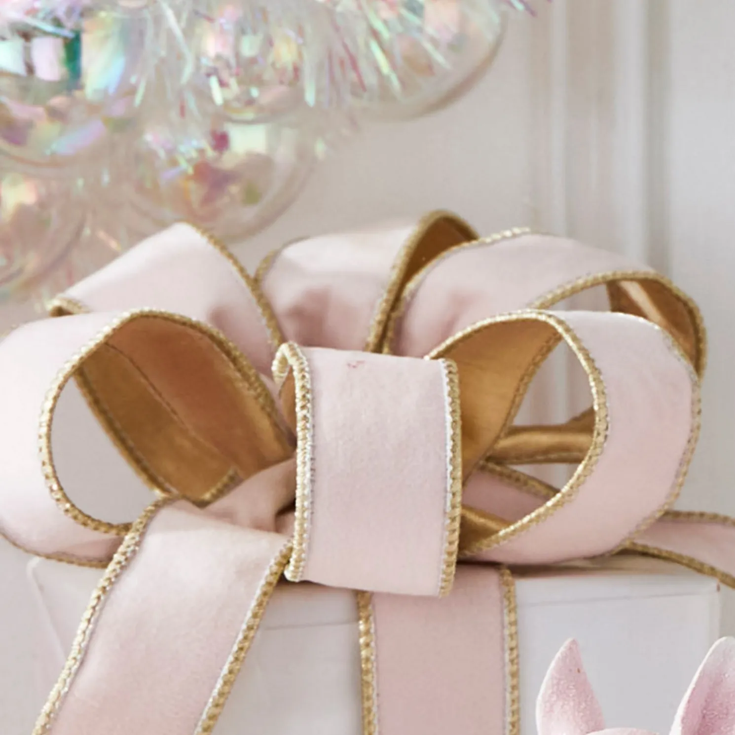 Raz 1.5" Pale Pink with Gold Trim Wired Christmas Ribbon R4427748