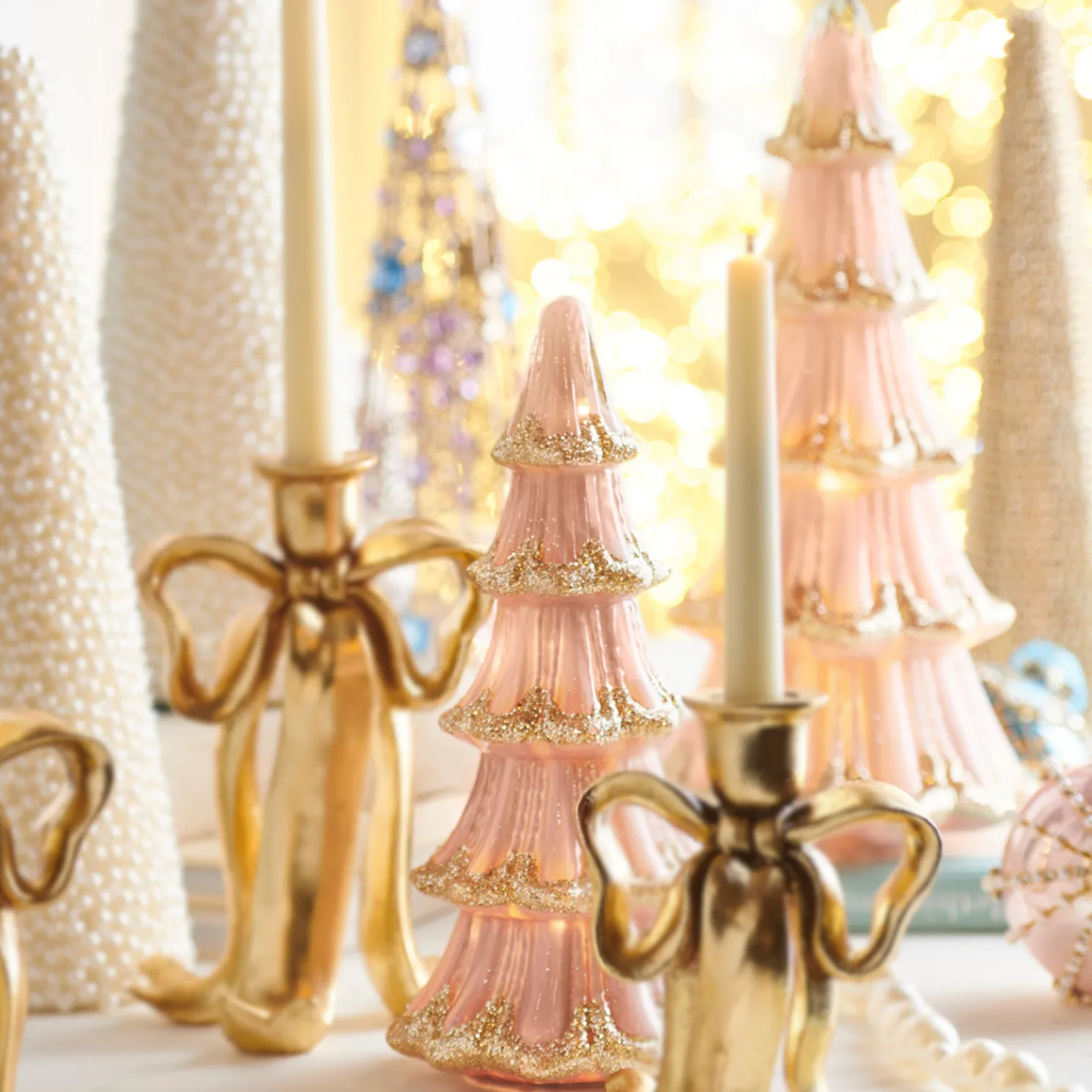 Raz 14.5" Pink and Gold Lighted Christmas Trees Decoration Set of 2 4516731