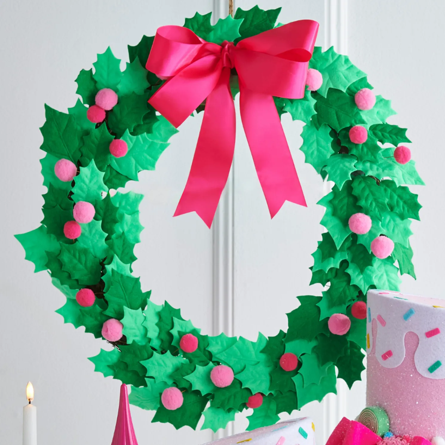 Raz 20" Pink Holly Felt Christmas Wreath W4516721