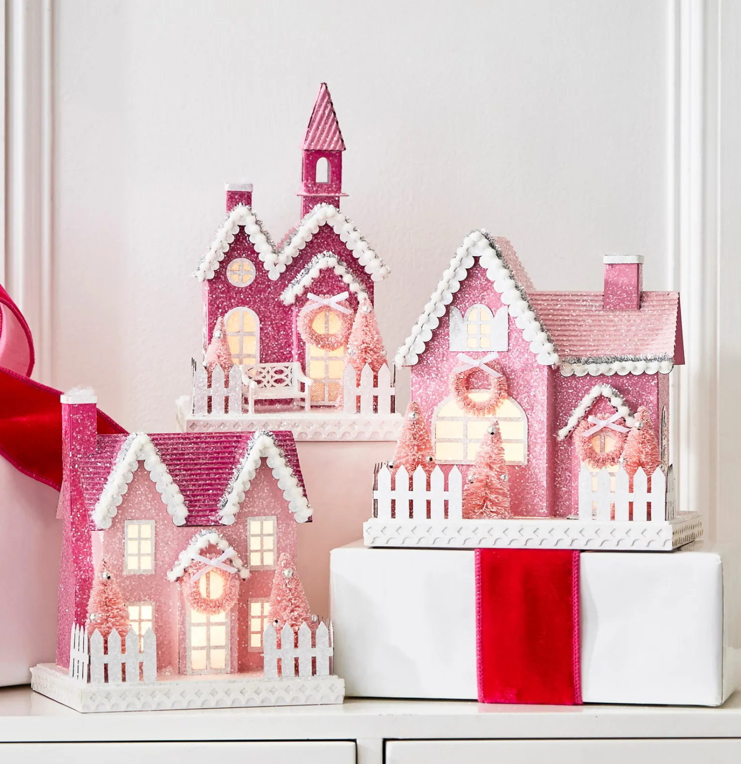 Raz 9.25" Pink Lighted Glittered Christmas House 4412500