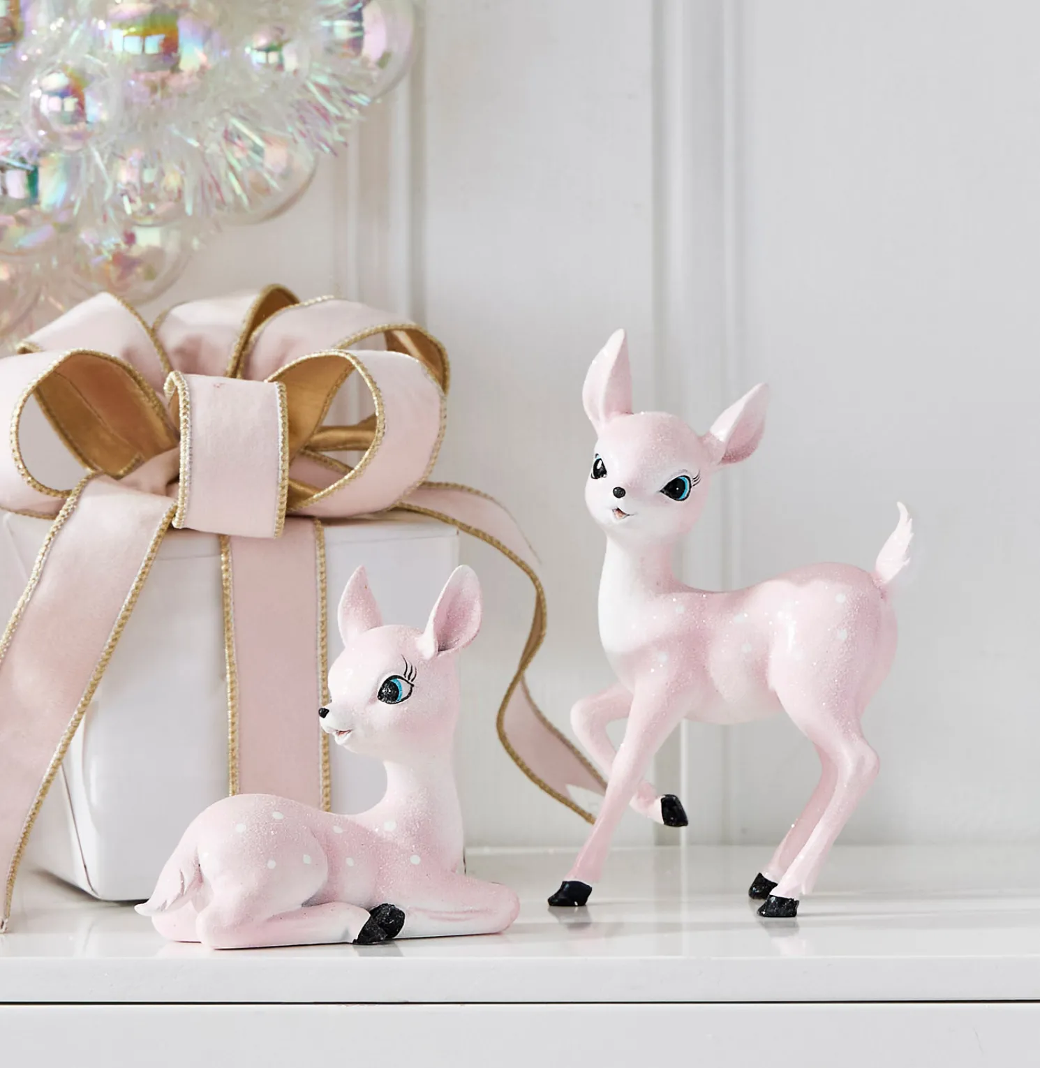 Raz 8.25" Pink Retro Christmas Deer Figure Set of 2 4412100