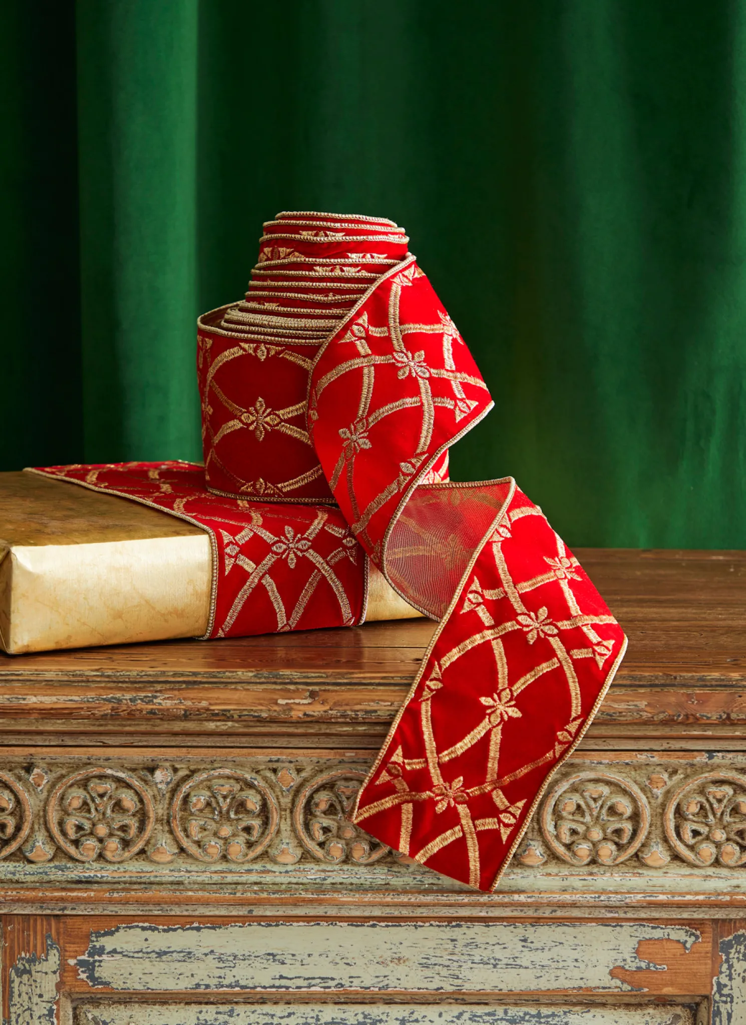 Raz 4" Red and Gold Patterned Wired Christmas Ribbon R4327721