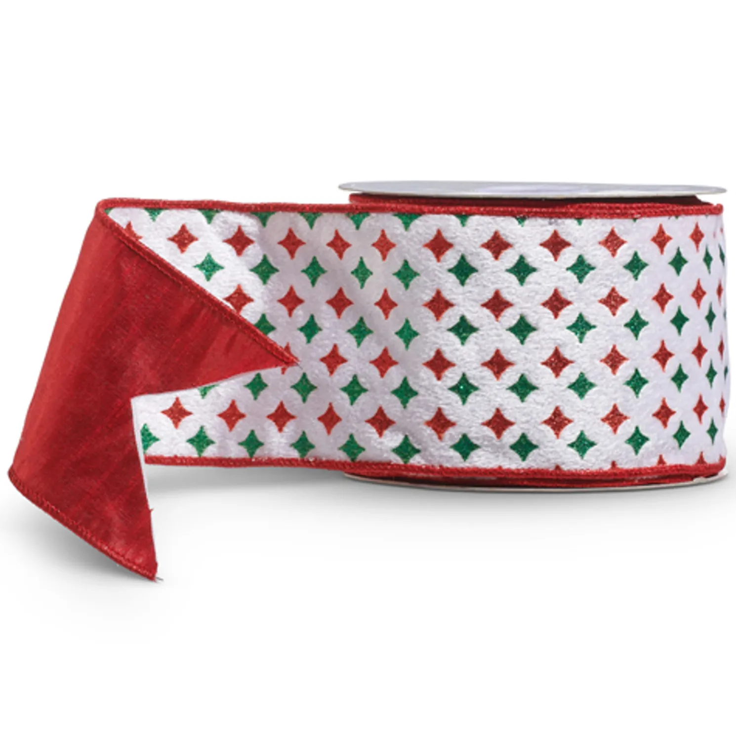 Raz 4" Red and Green Diamond Starburst Wired Christmas Ribbon R4427745