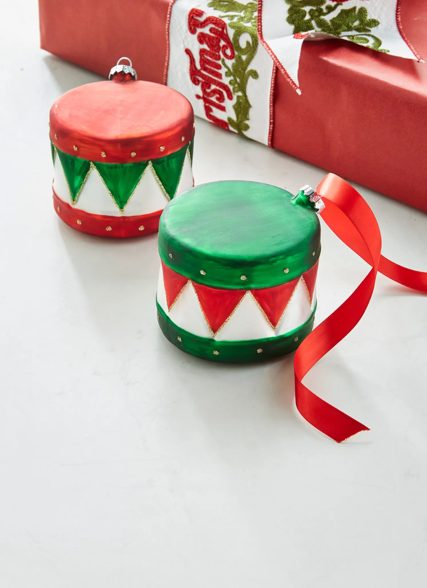 Raz 3.5" Red and Green Drum Glass Christmas Ornament 4322900