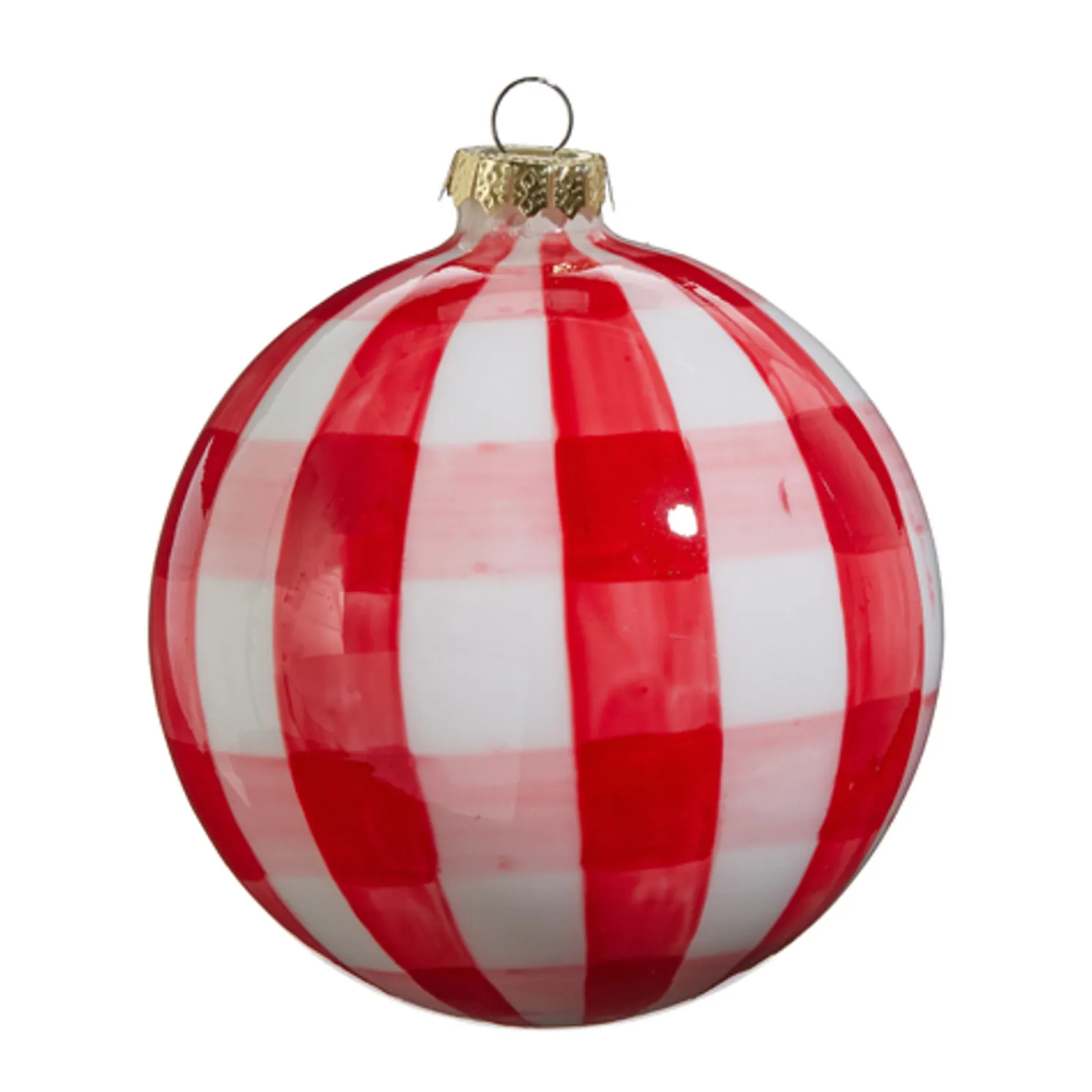 Raz 5" Red and White Gingham Ball Glass Christmas Ornament 4424516