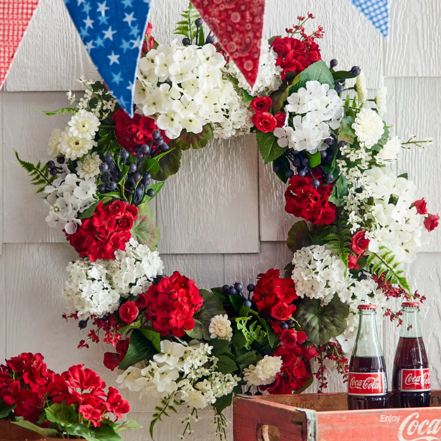 Raz 24" Red and White Geranium Patriotic Wreath W4502078