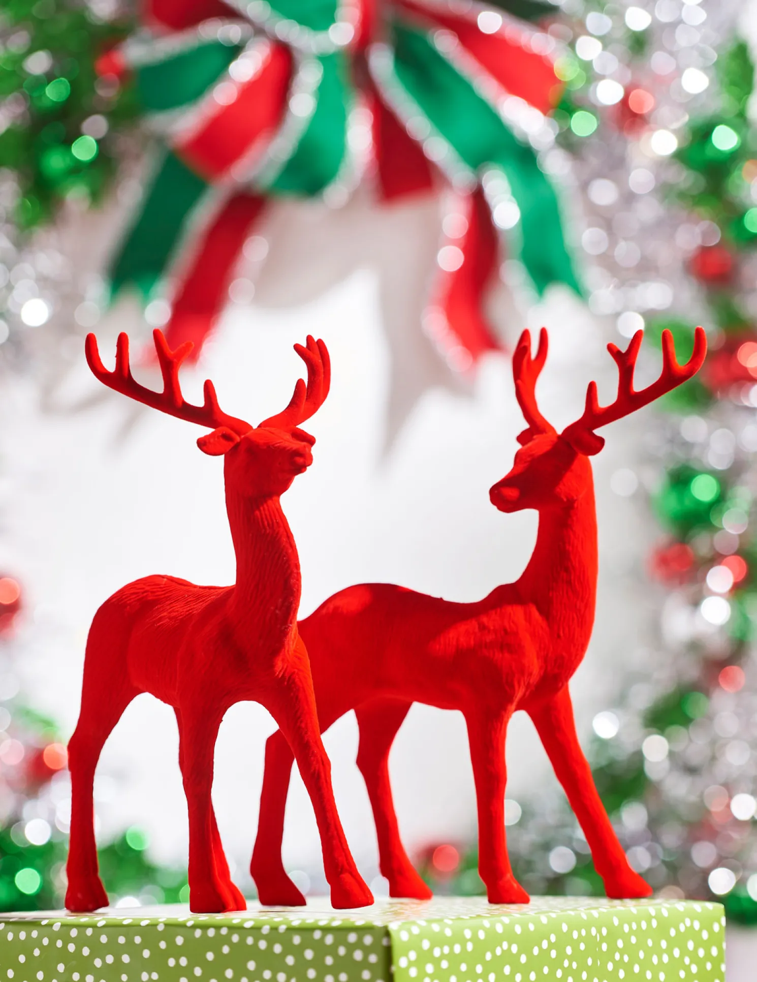 Raz 13" Red Flocked Deer Figure Set of 2 4432754