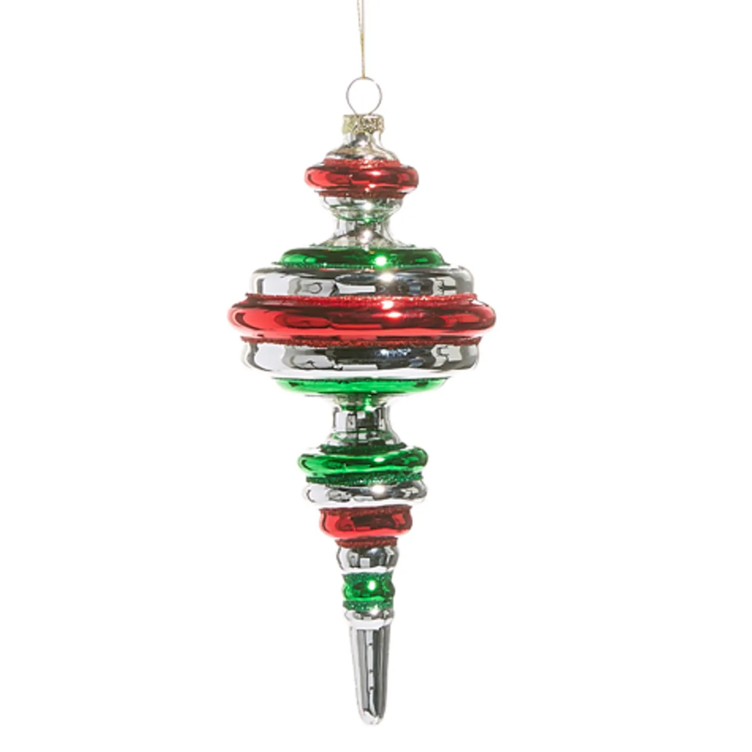 Raz 7.25" Red, Green, and Silver Finial Glass Christmas Ornament 4525410