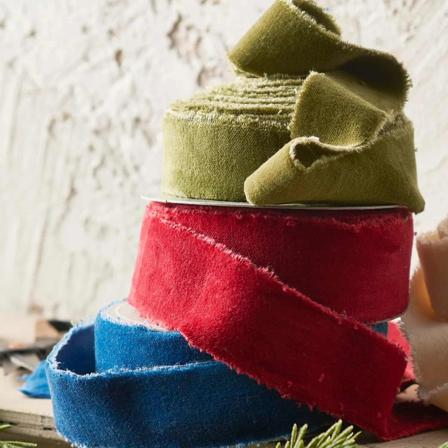 Raz 1.5" Red, Green, or Blue Torn Edge Unwired Velvet Christmas Ribbon