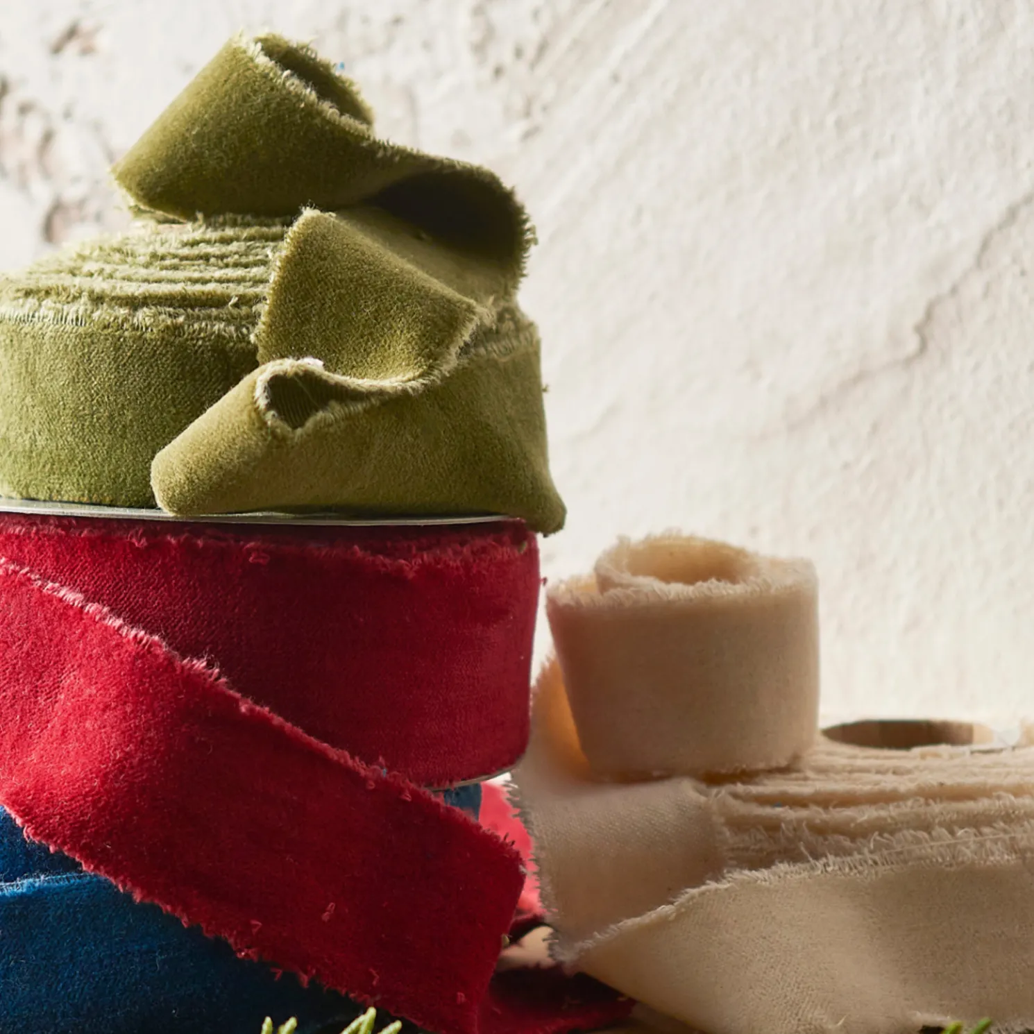 Raz 2.5" Red, Green, or Ivory Torn Edge Velvet Unwired Christmas Ribbon