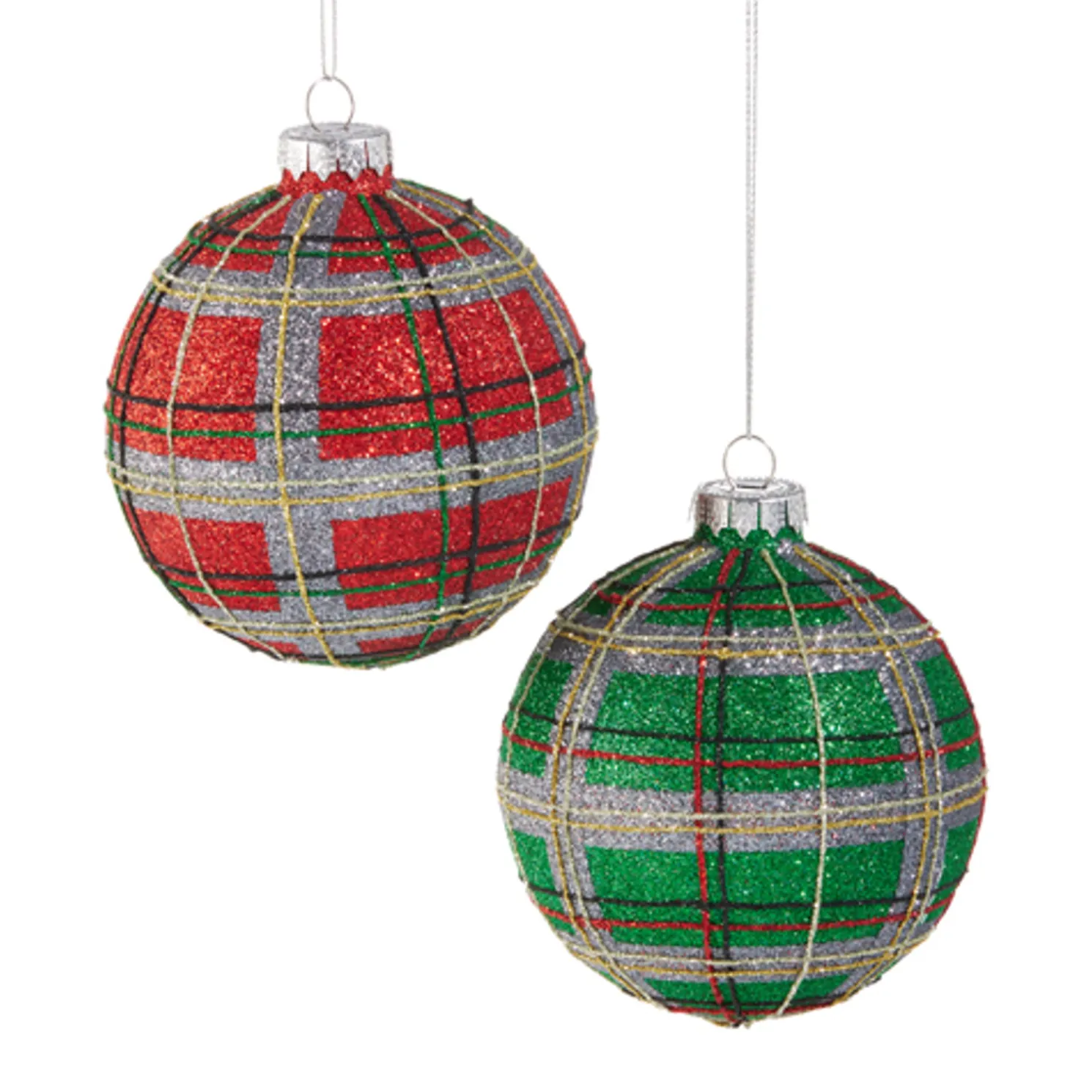 Raz 4" Red or Green Plaid Glitter Ball Glass Christmas Ornament 4520907
