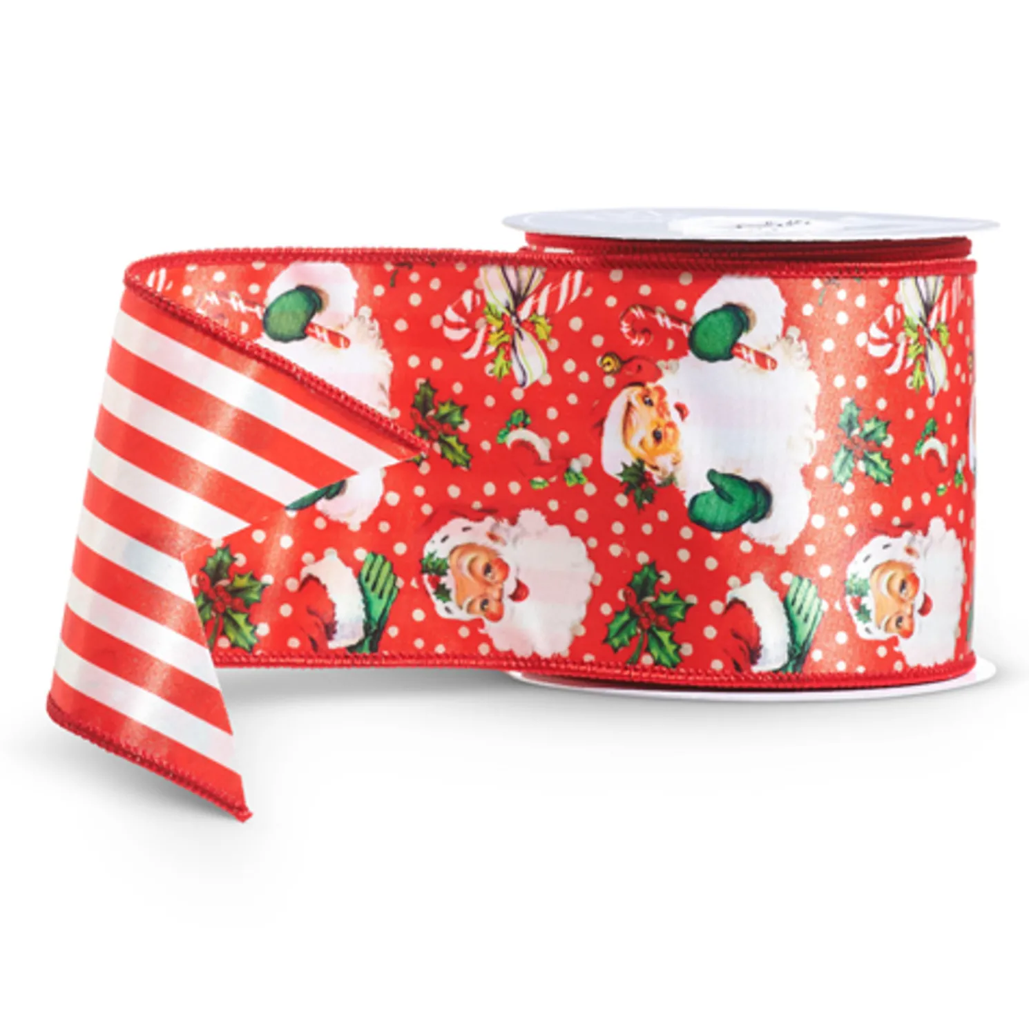 Raz 4" Retro Santa and Stripes Double Sided Wired Christmas Ribbon R4471778