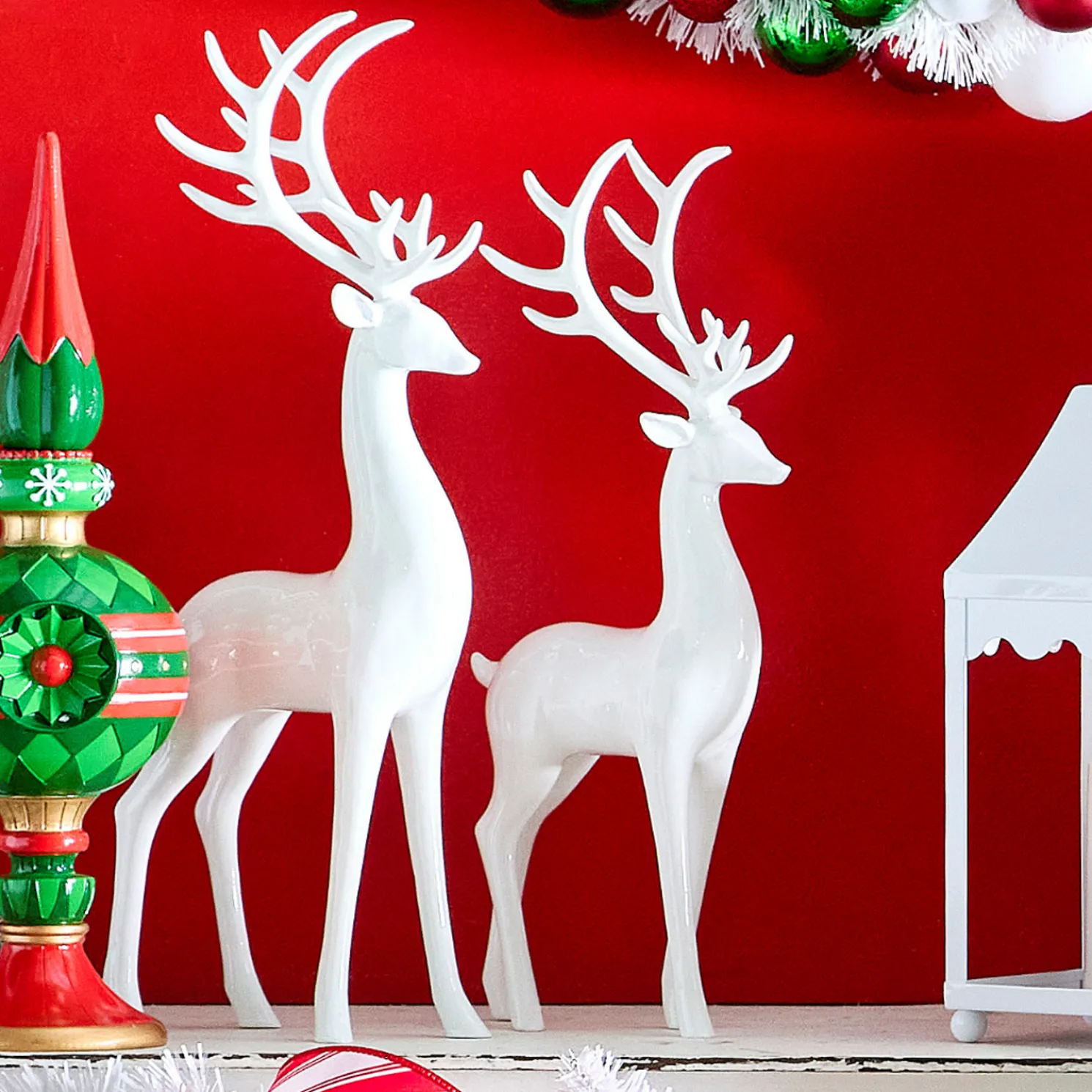 Raz 16.75" Set of 2 High Shine White Deer Christmas Figure 4512217