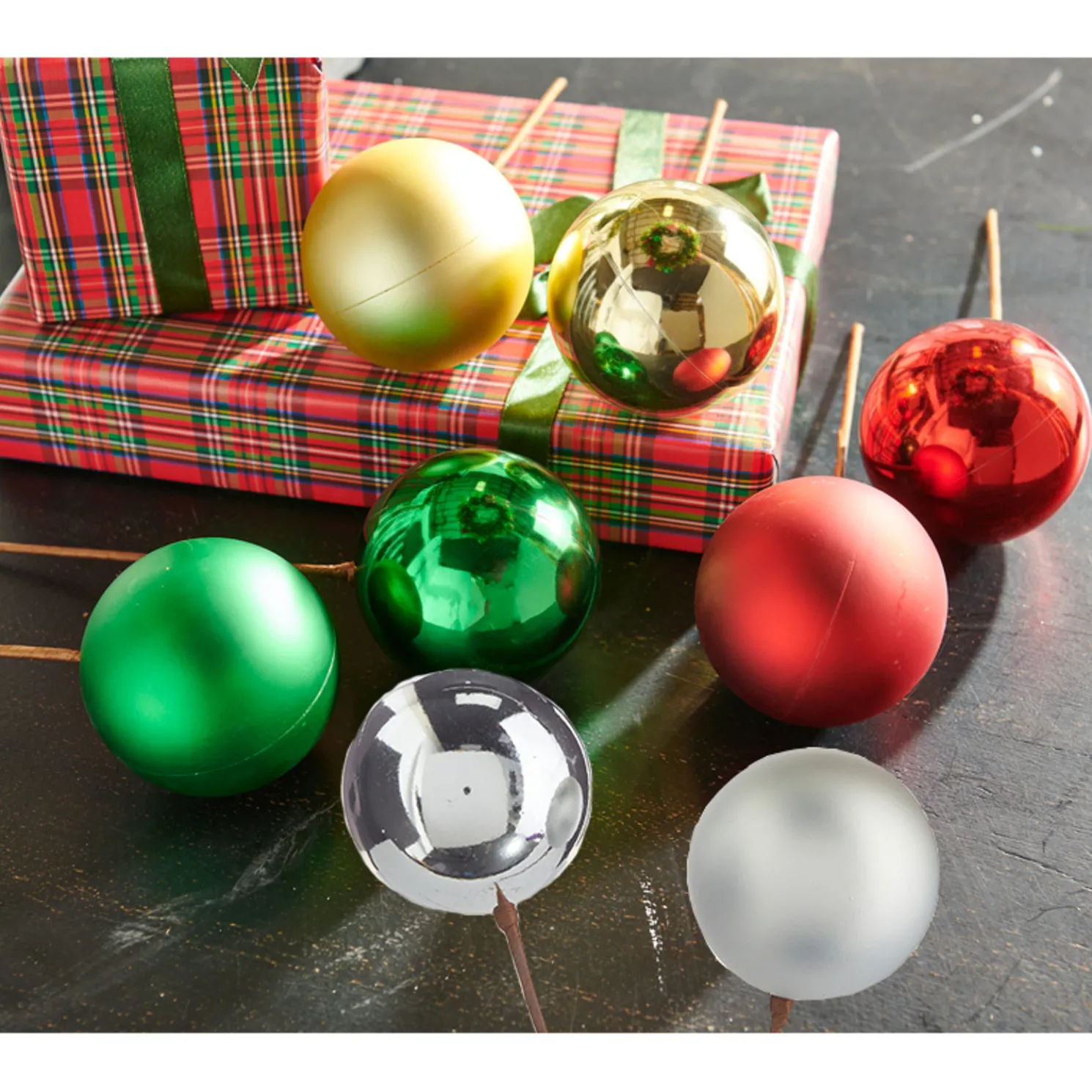 Raz 12" Set of 2 Red, Gold, Silver or Green Ball Ornament Christmas Tree Pick