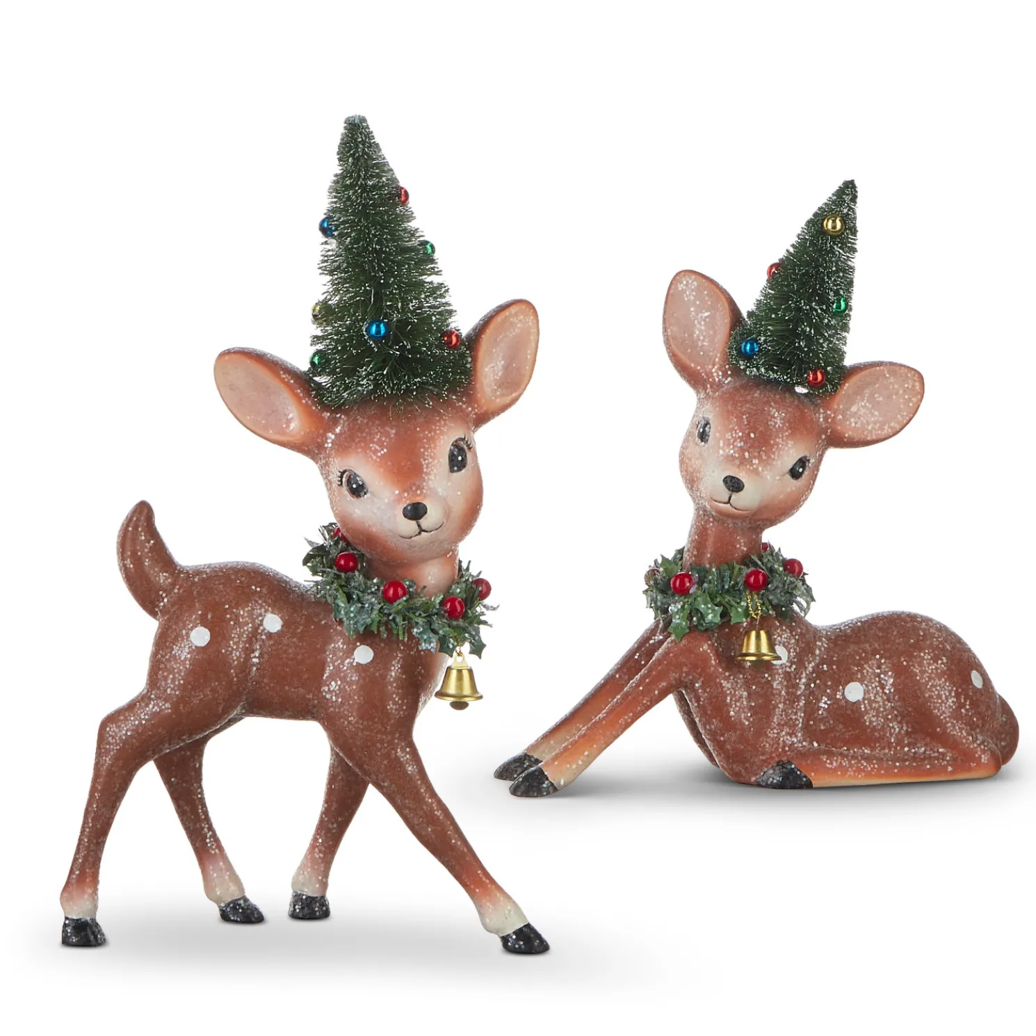 Raz 12" Set of 2 Retro Deer with Bottle Brush Trees 4212563