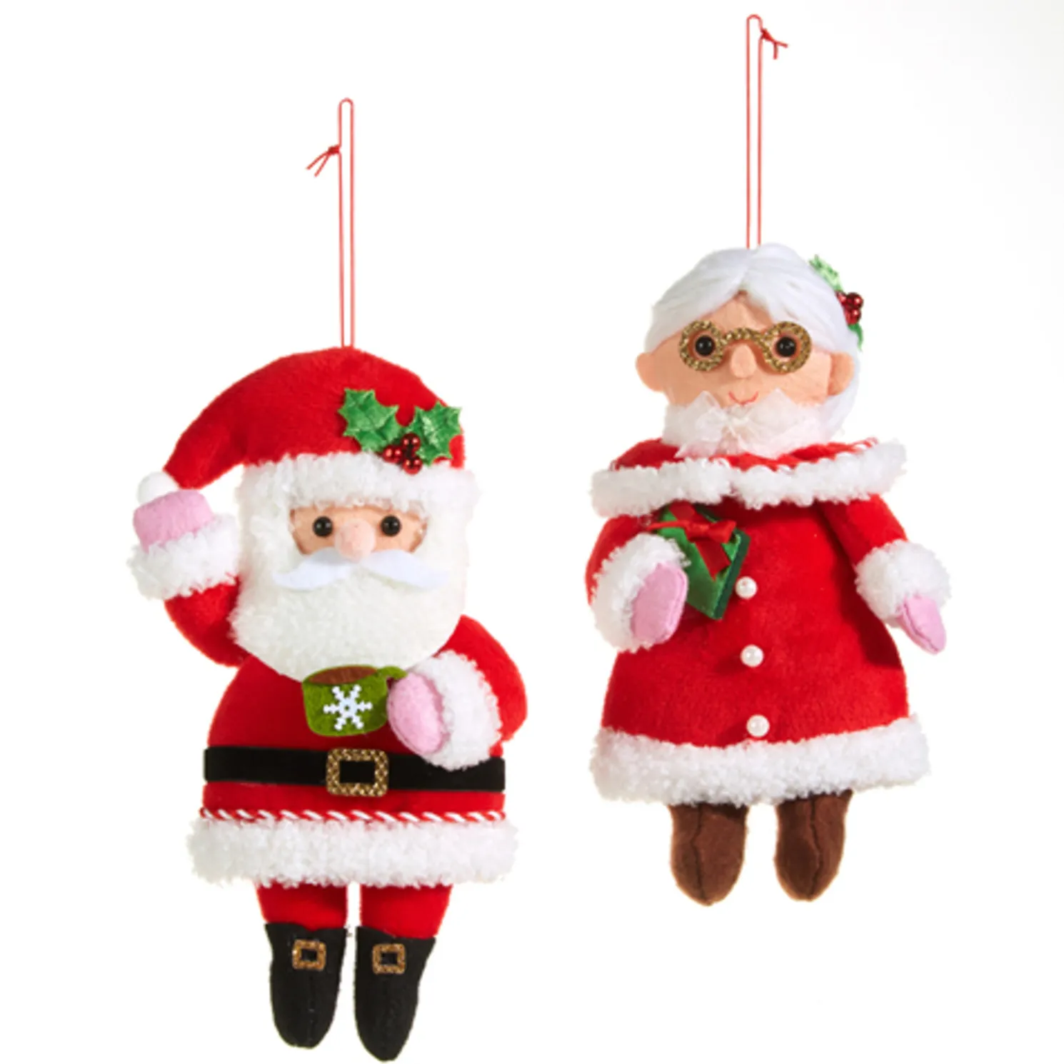 Raz 7.5" Set of 2 Santa and Mrs. Claus Felt Christmas Ornaments 4320055