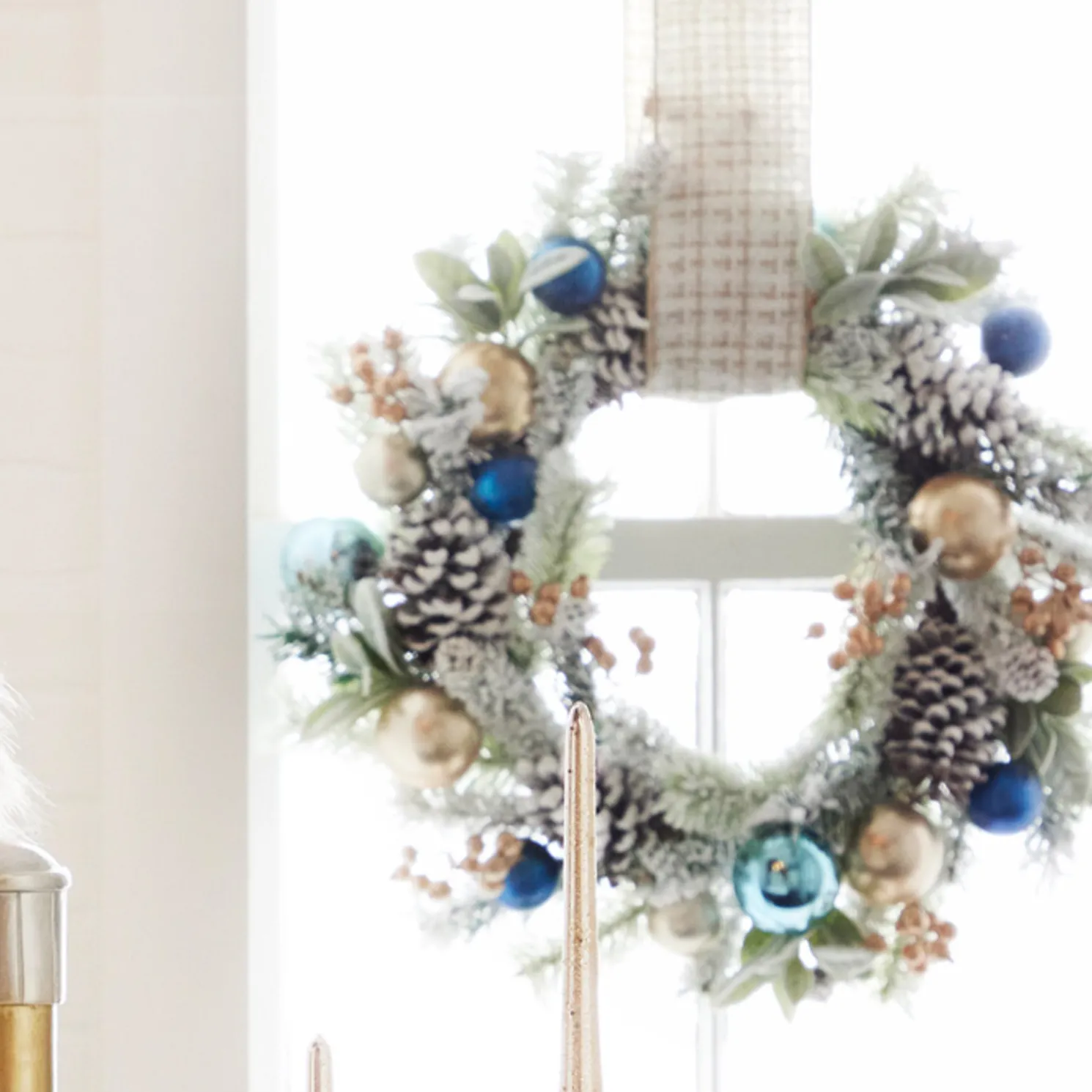 Raz 24" Snowy Mixed Greenery and Blue and Gold Ornament Christmas Wreath W4302540