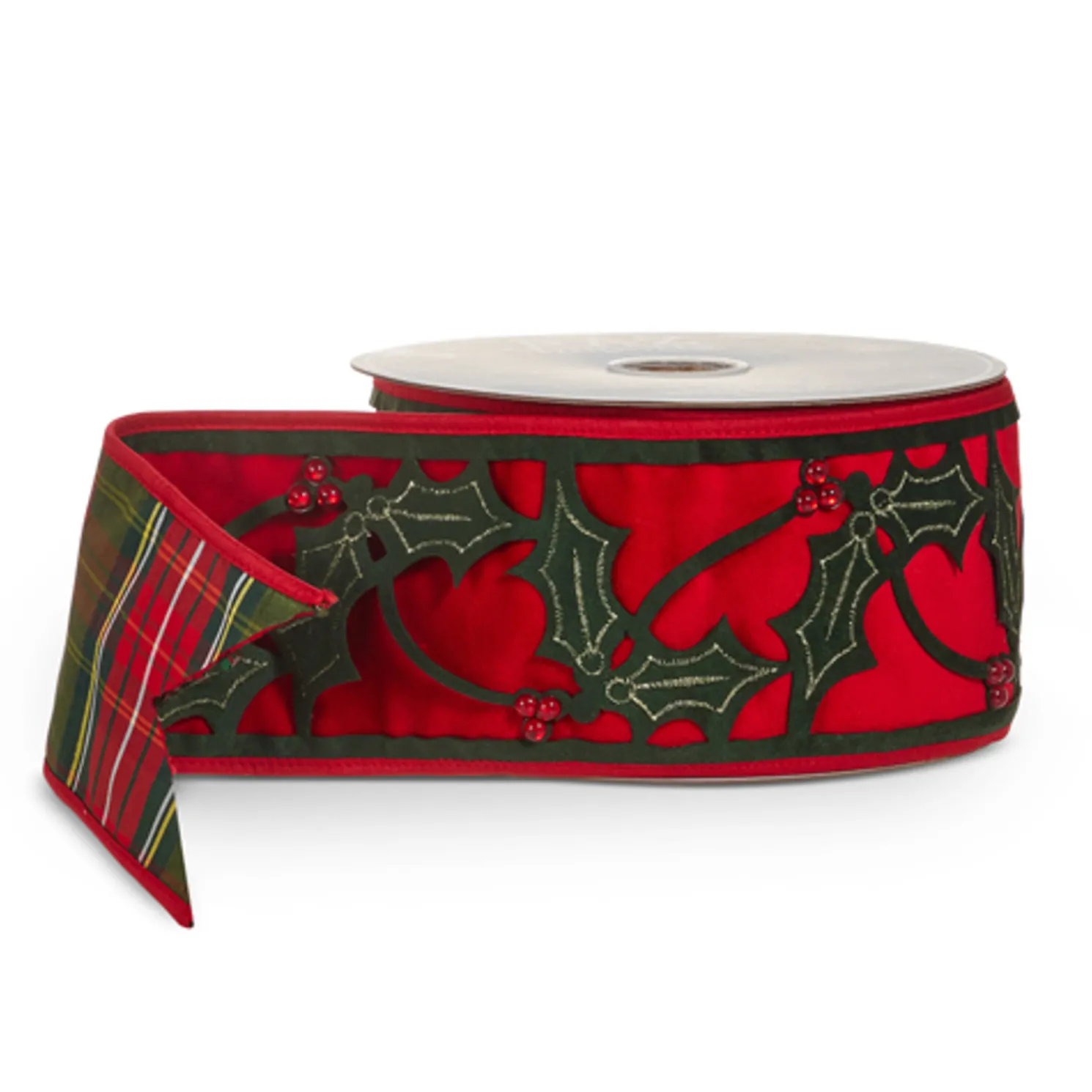 Raz 4" Velvet and Plaid Holly Double Sided Wired Christmas Ribbon R4527772