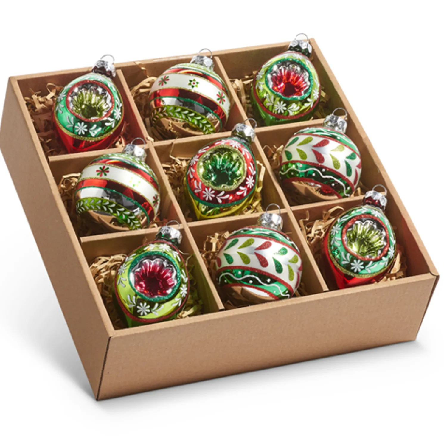 Raz 3.5" Vintage Inspired Glass Ball, Final and Reflector Christmas Ornaments Box of 9 4420864