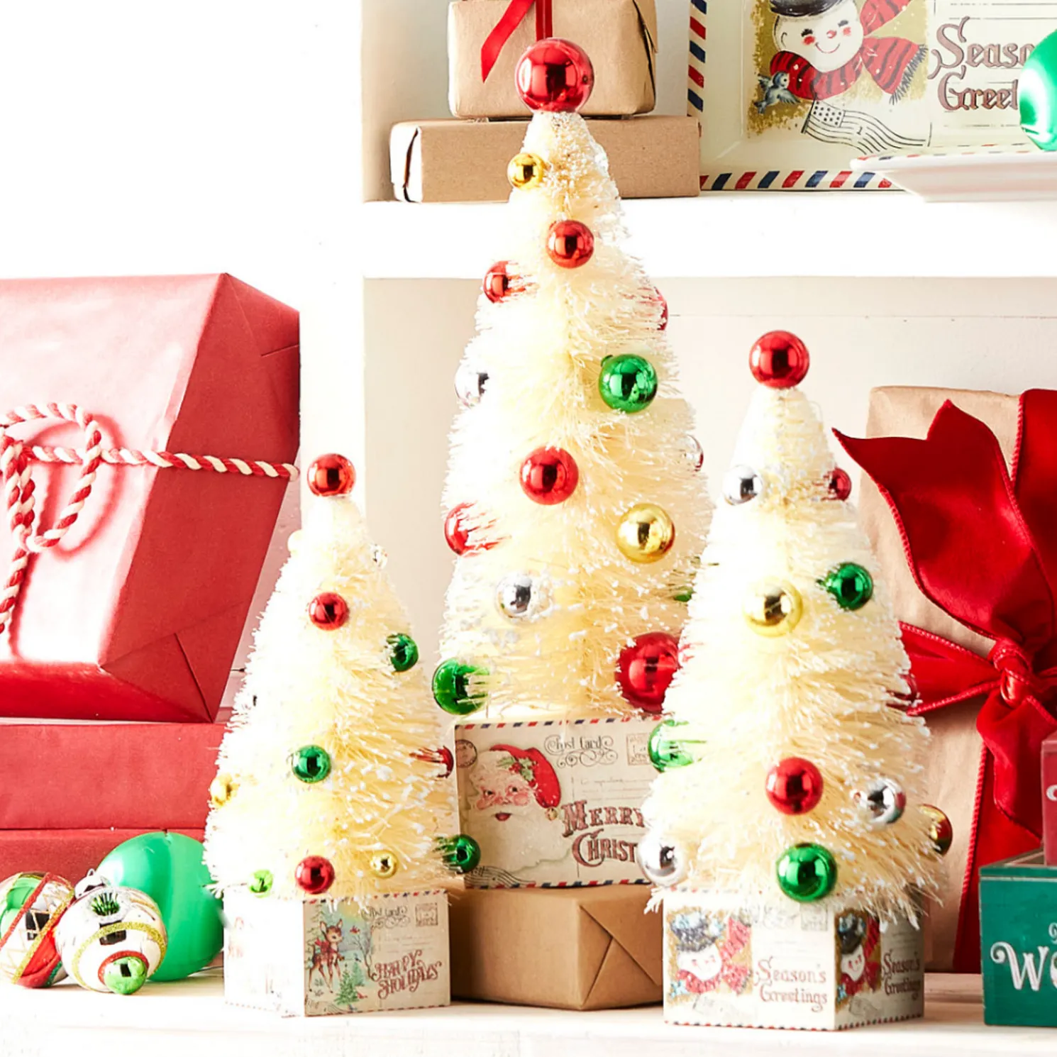 Raz 15.5" Vintage Post Card Lighted Bottle Brush Trees Set of 3 4316115