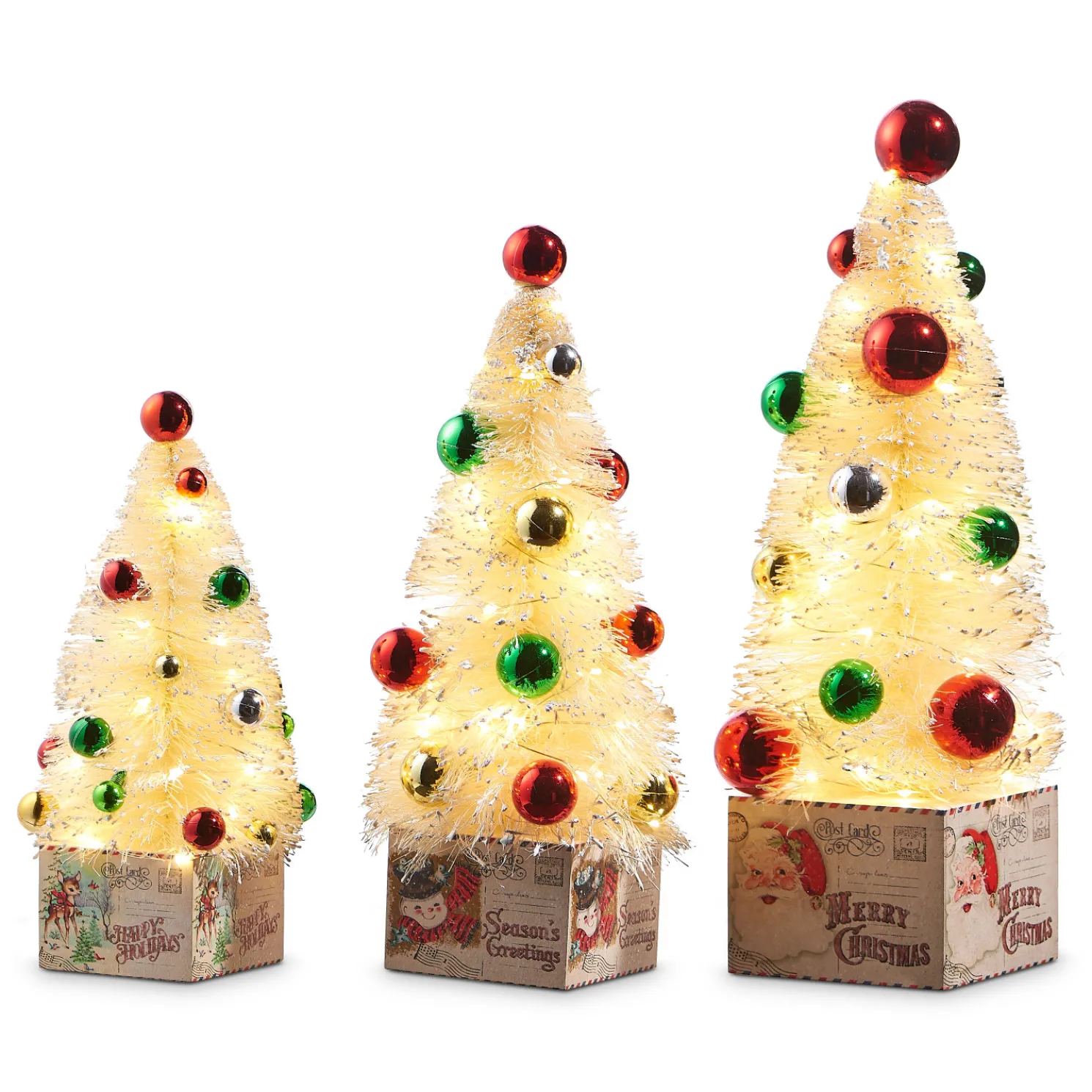 Raz 15.5" Vintage Post Card Lighted Bottle Brush Trees Set of 3 4316115