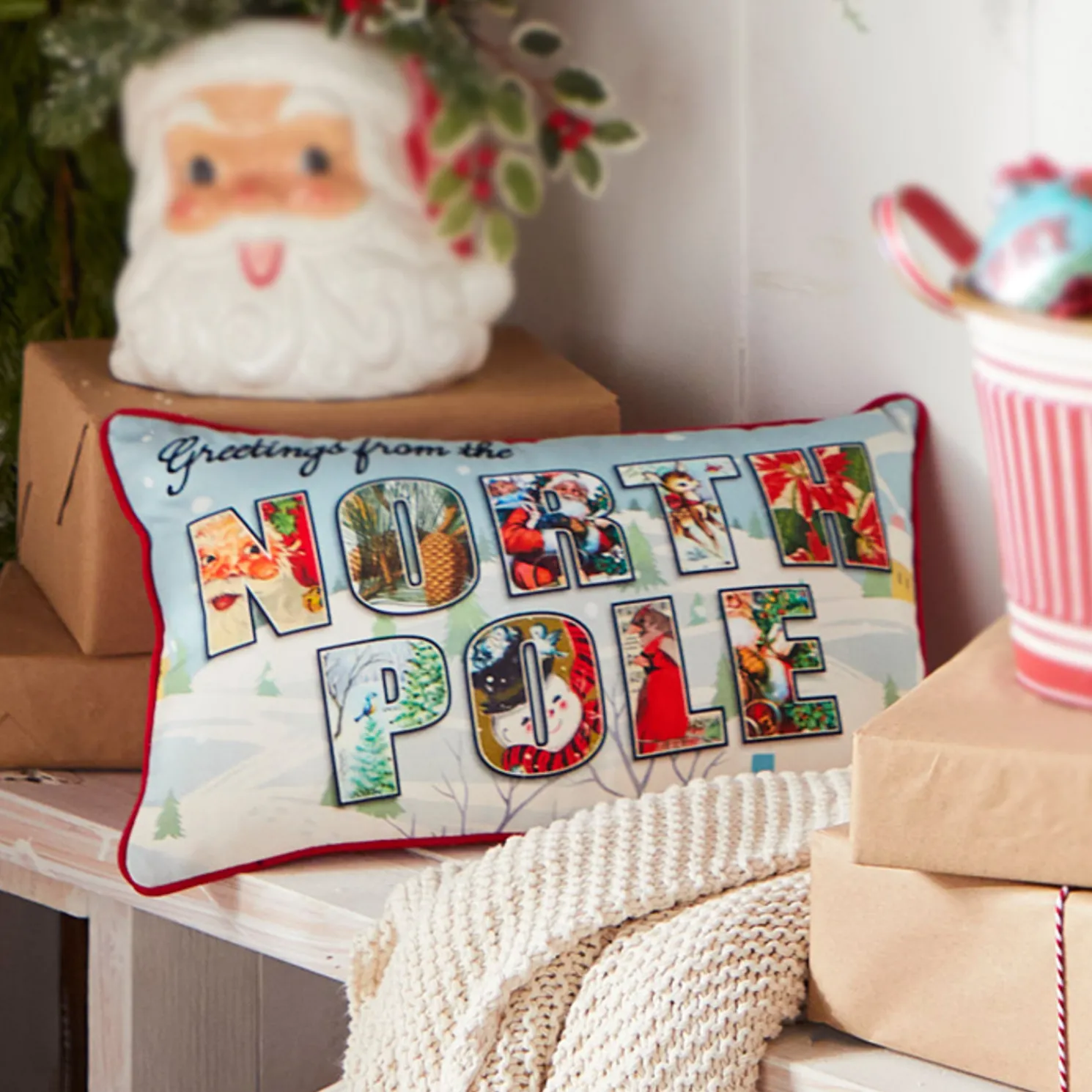 Raz 18" Vintage Postcard Lumbar Christmas Pillow 4321332