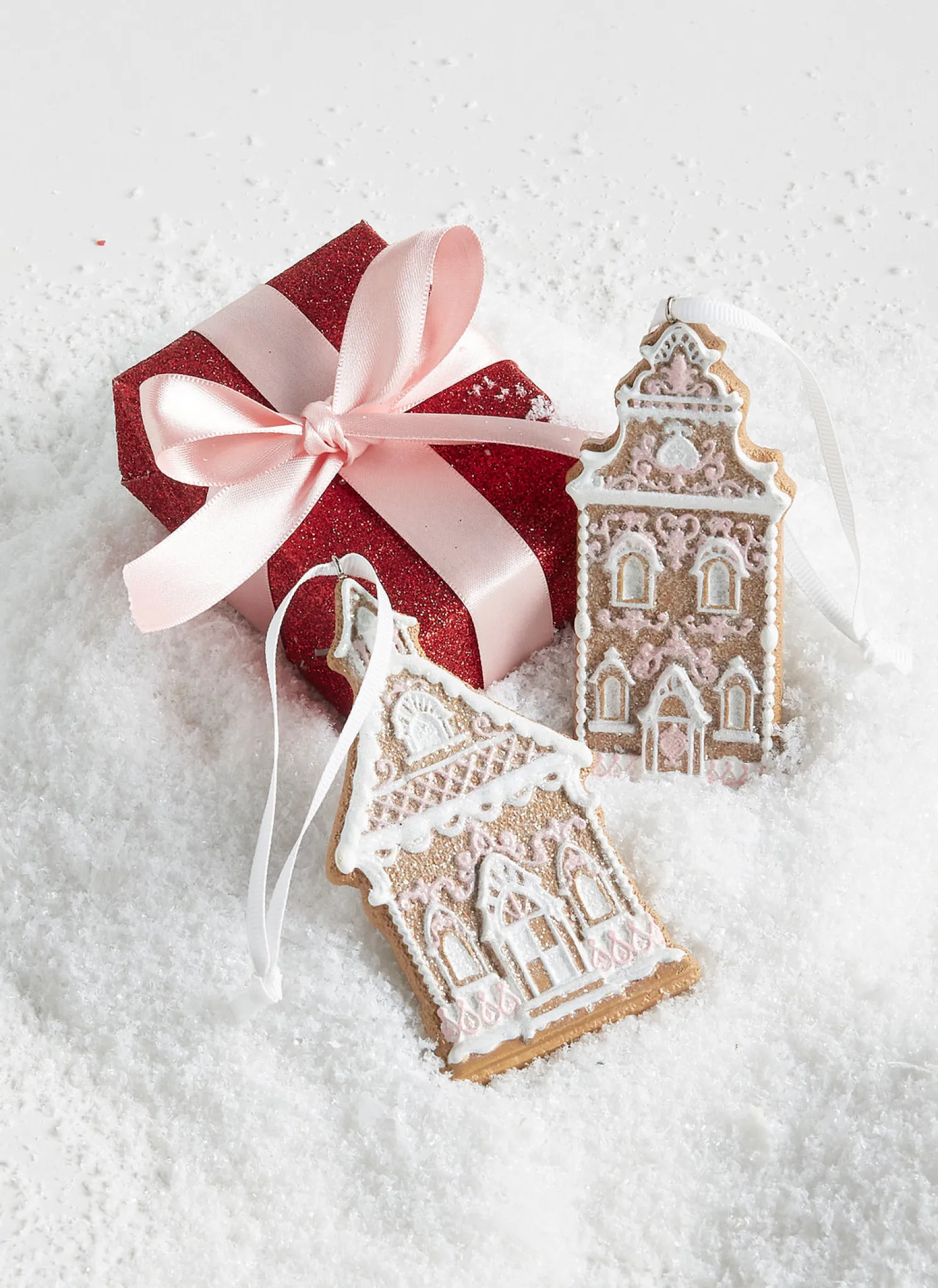 Raz 4" White and Pink Gingerbread Church Christmas Ornament Set of 2 4310202