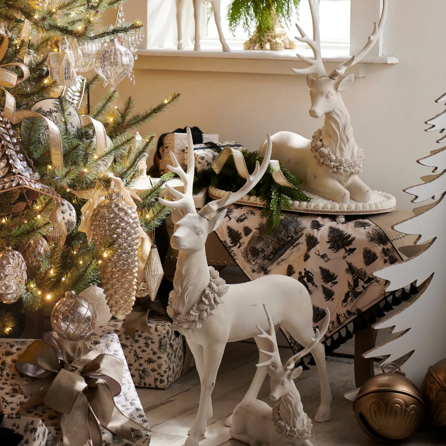 Raz 18" White Deer with Holly Wreath Christmas Figures Set of 2 4511395