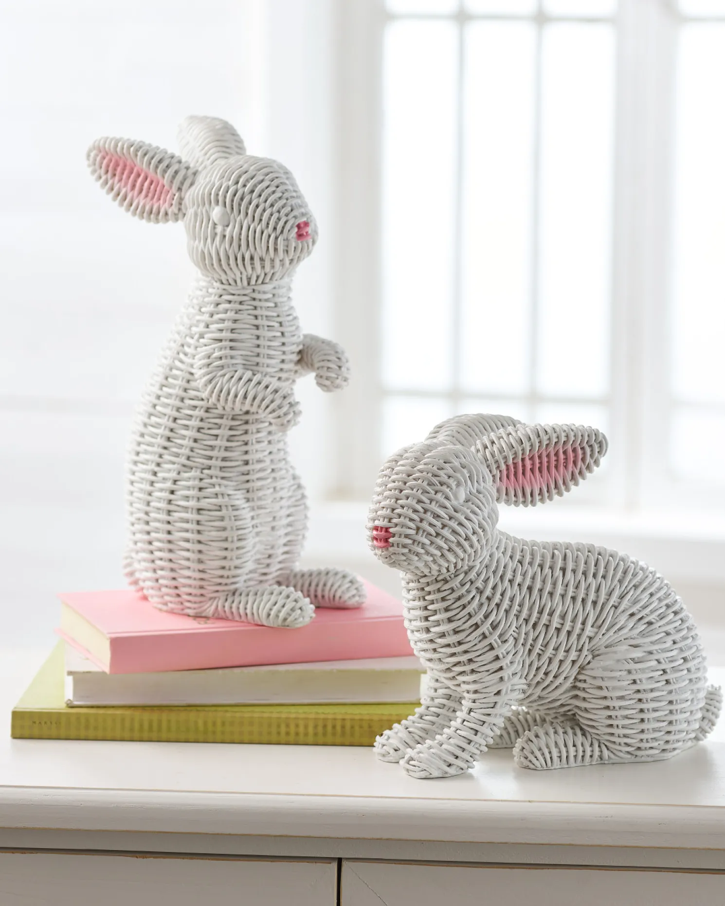 Raz 12.75" White Woven Wicker Bunny Figures Set of 2 4511310