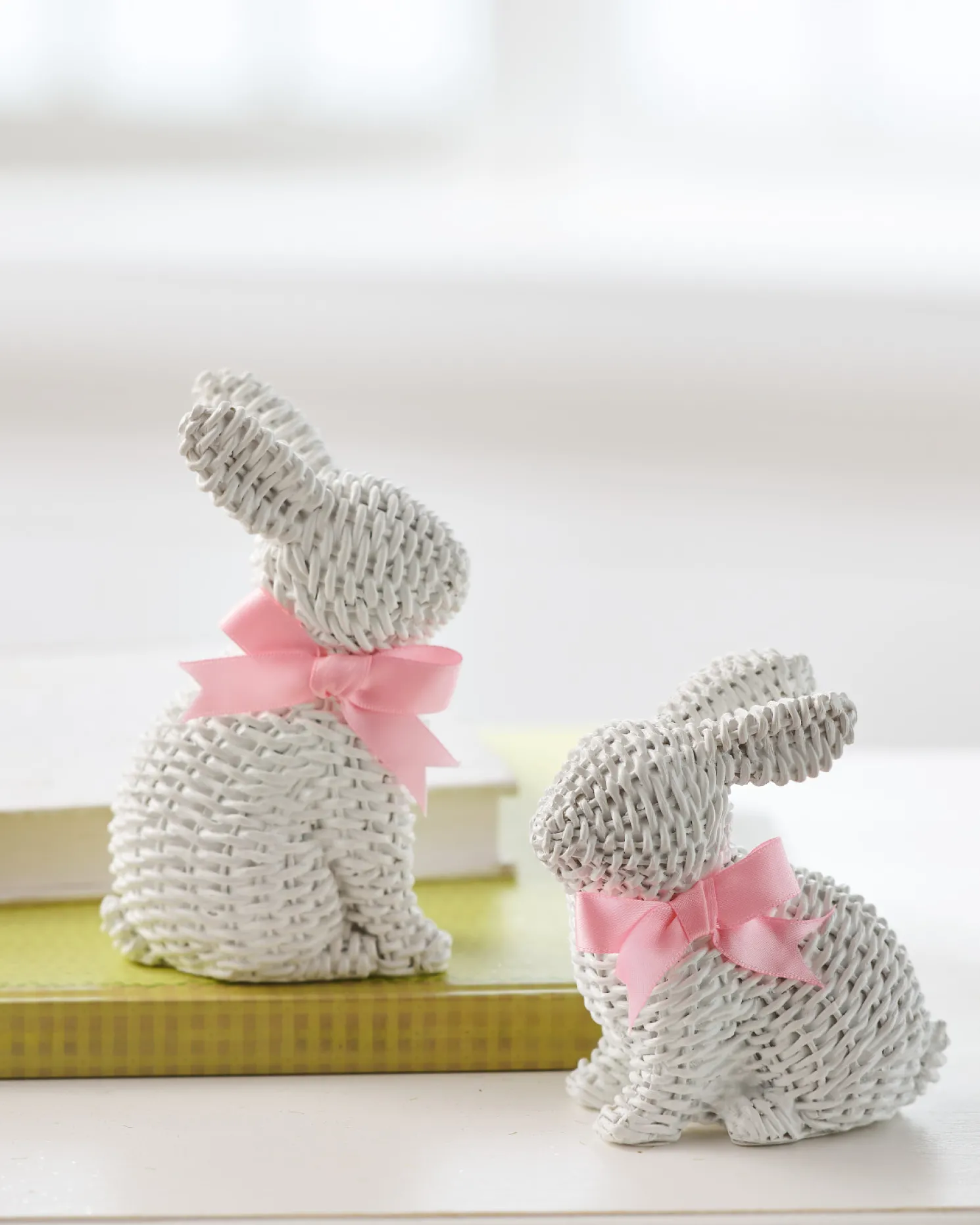 Raz 5.25" White Woven Wicker Bunny Figures with Pink Bows Set of 2 4511174