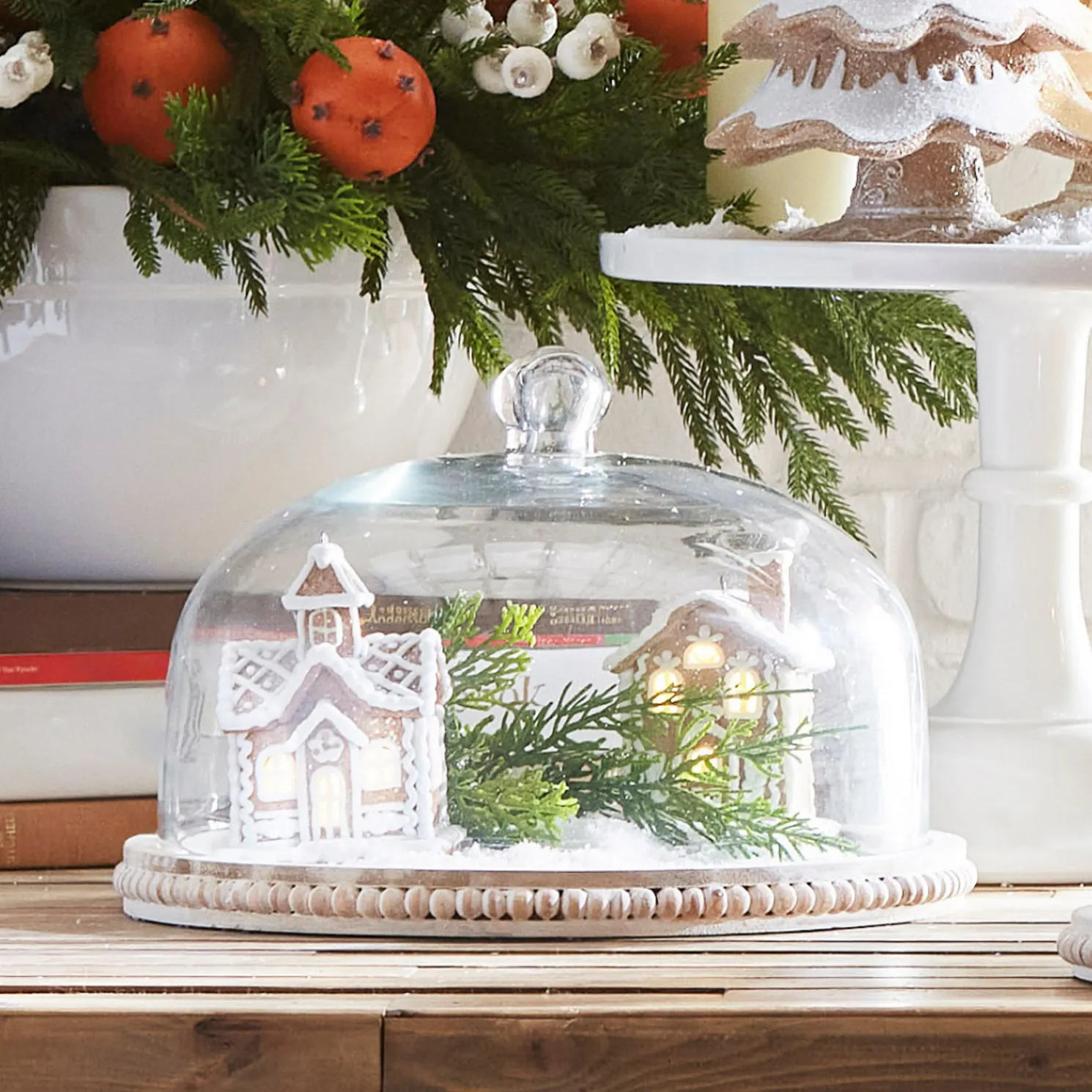 Raz 11.75" Whitewash Beaded Wooden Tray with Cloche 4424402