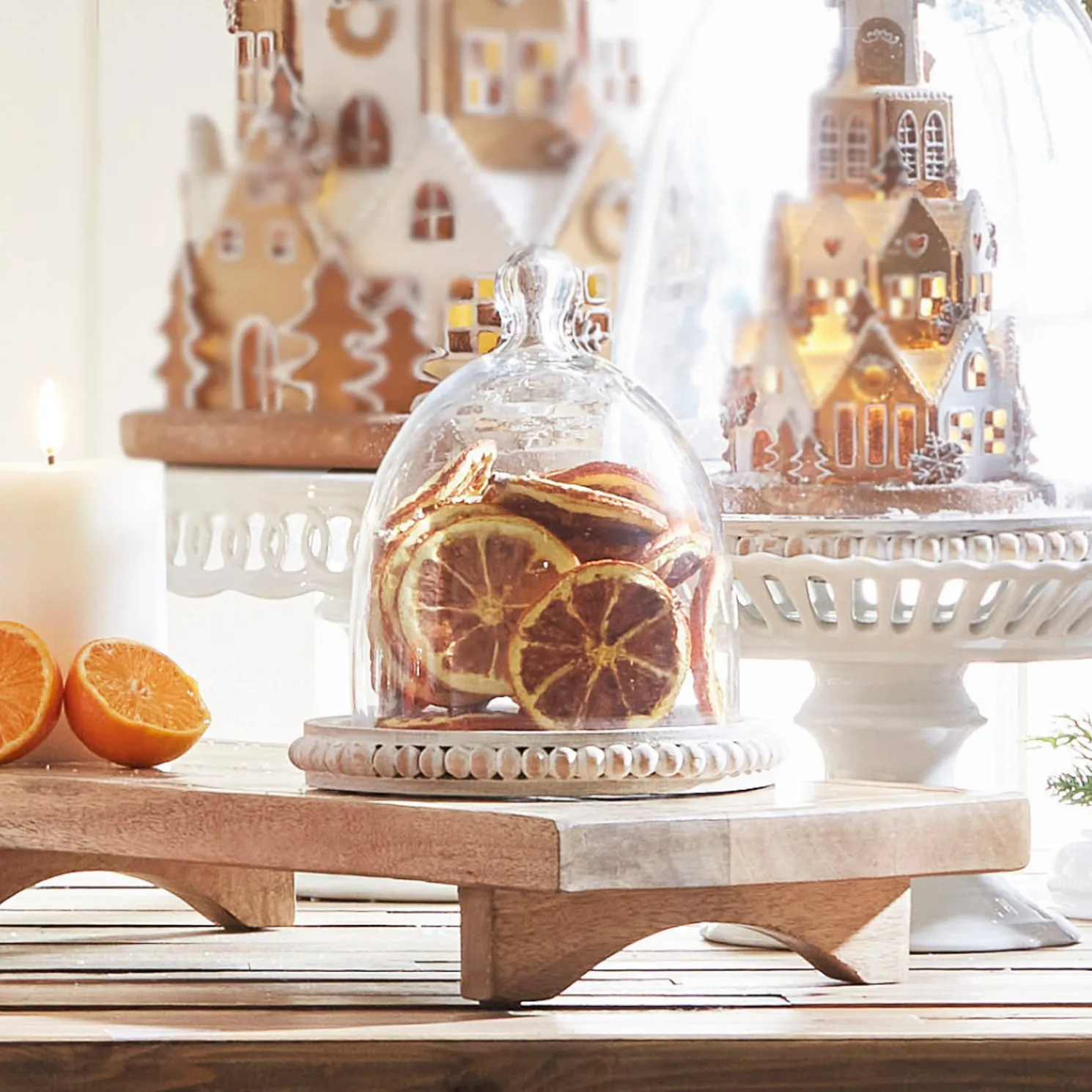 Raz 7" Whitewash Beaded Wooden Tray with Cloche 4424405