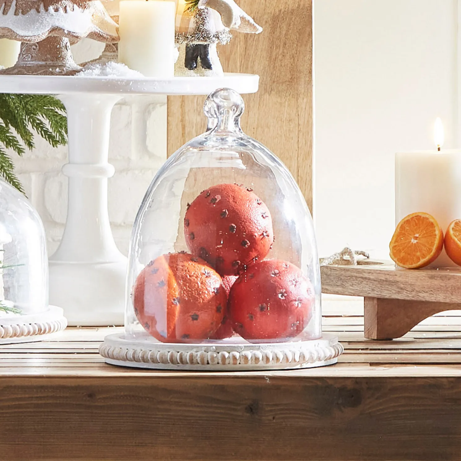 Raz 8.75" Whitewash Wood Beaded Tray with Cloche 4424404