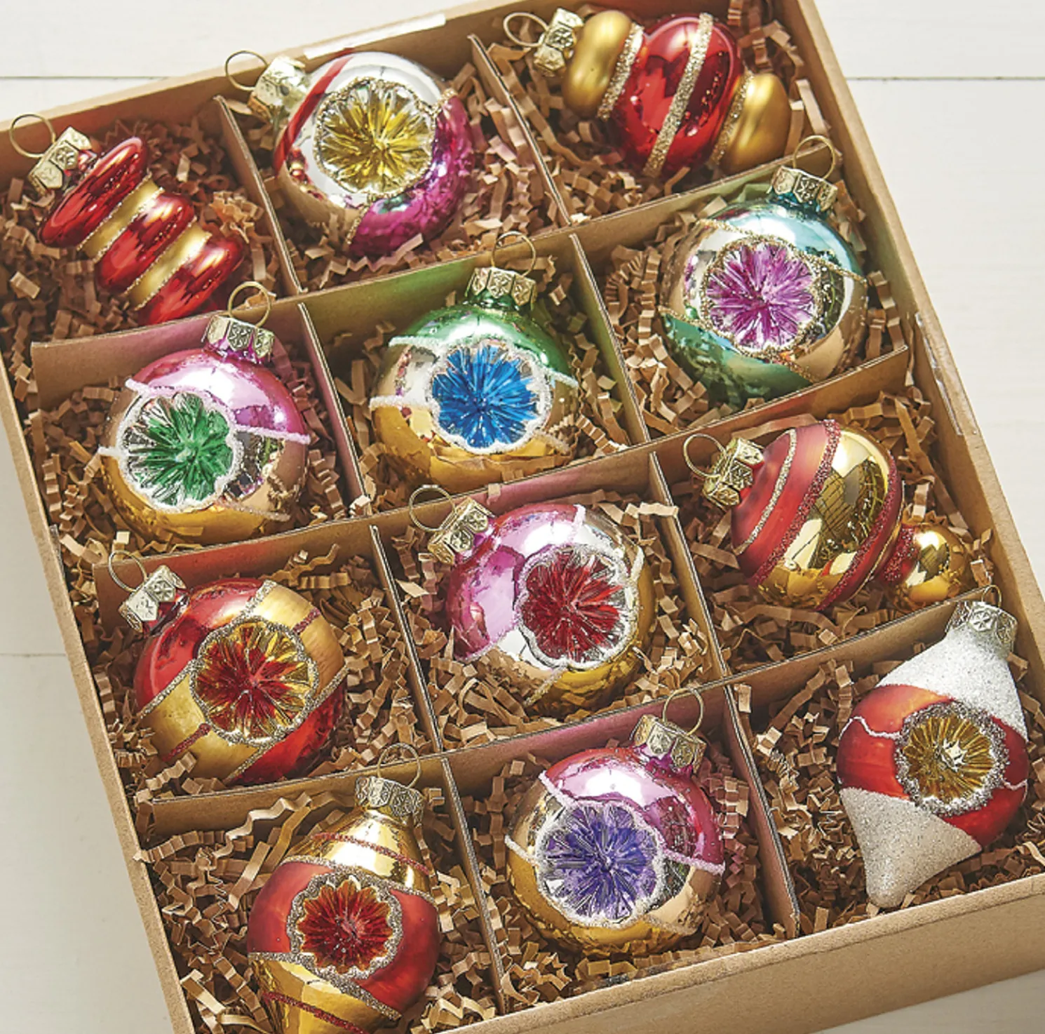 Raz Box of 12 3.25" Bright Vintage Glass Christmas Ornaments 4120894