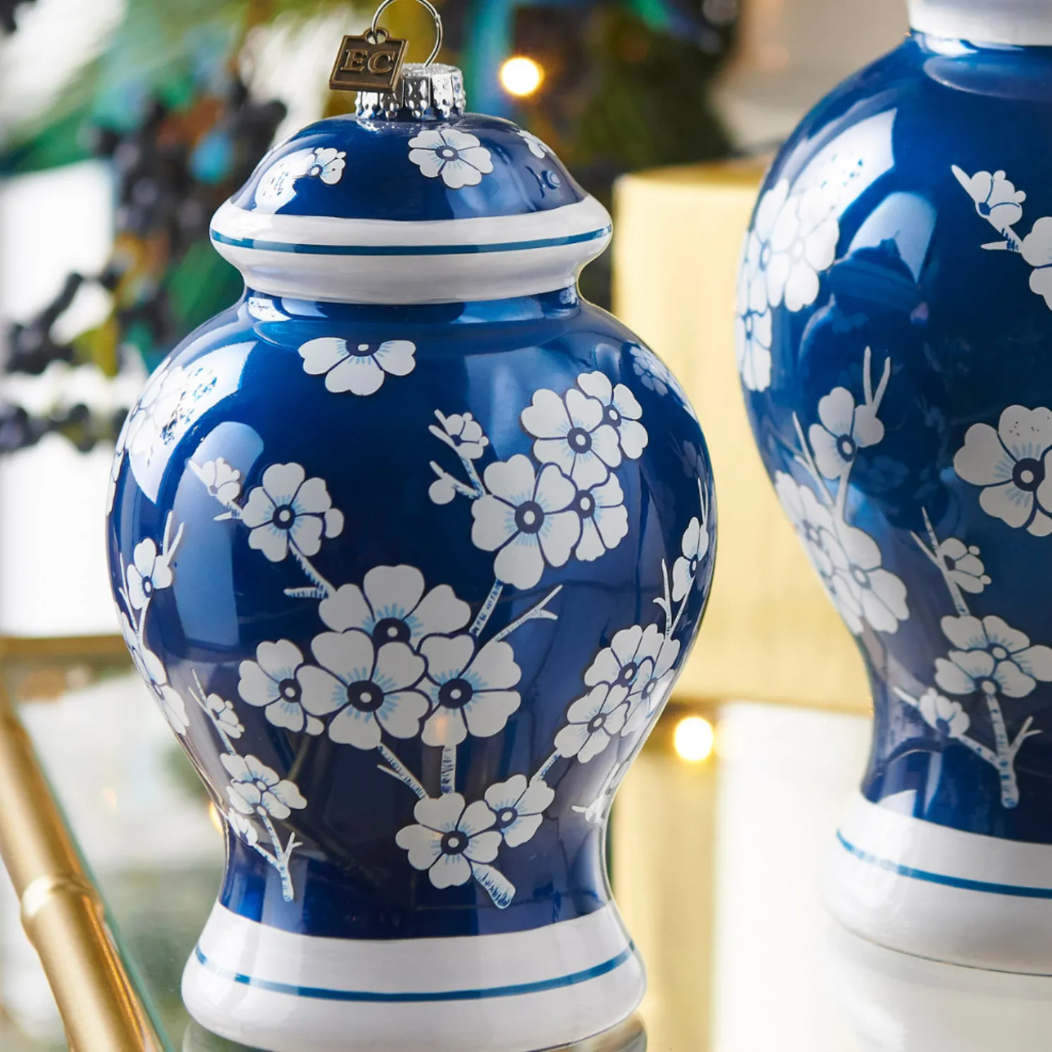 Raz Eric Cortina 8" Large Blue Ginger Jar Glass Christmas 4453181