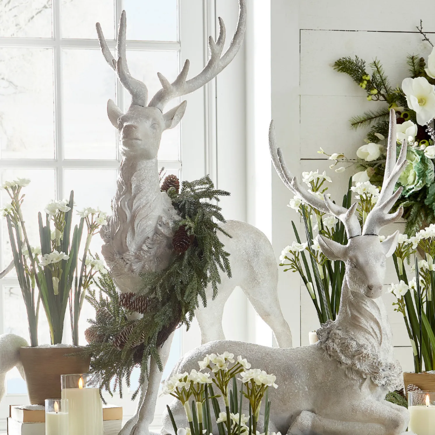 Raz Large White Iced Sitting or Standing Deer with Holly Wreath Figure Christmas Decoration